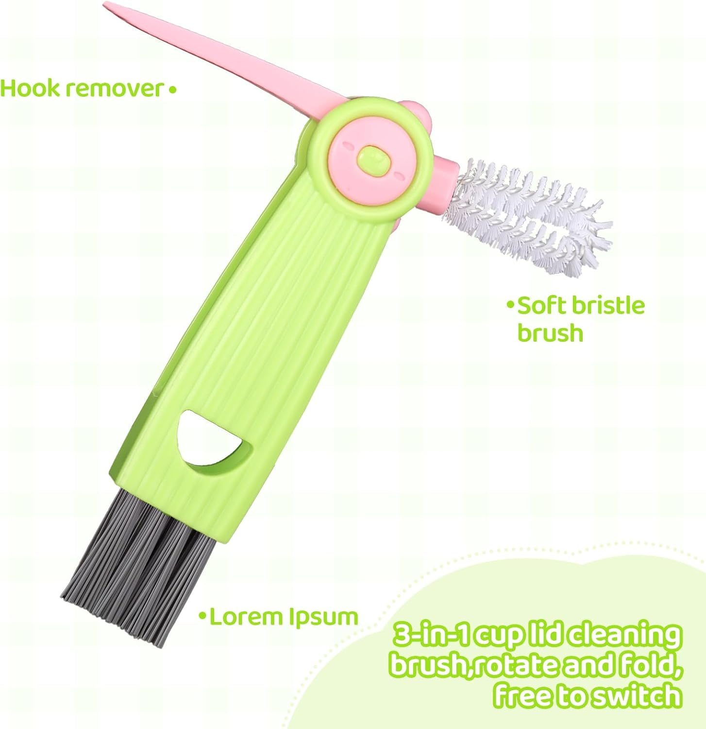 3Pcs 3-In-1 Cup Lid Cleaning Brush, 3-In-1 Multifunctional Cleaning Brush New Bottle Crevice Cleaning Brush Portable Cup Lid Gap Cleaning Brush for Home Kitchen (Green) - Green image number 3