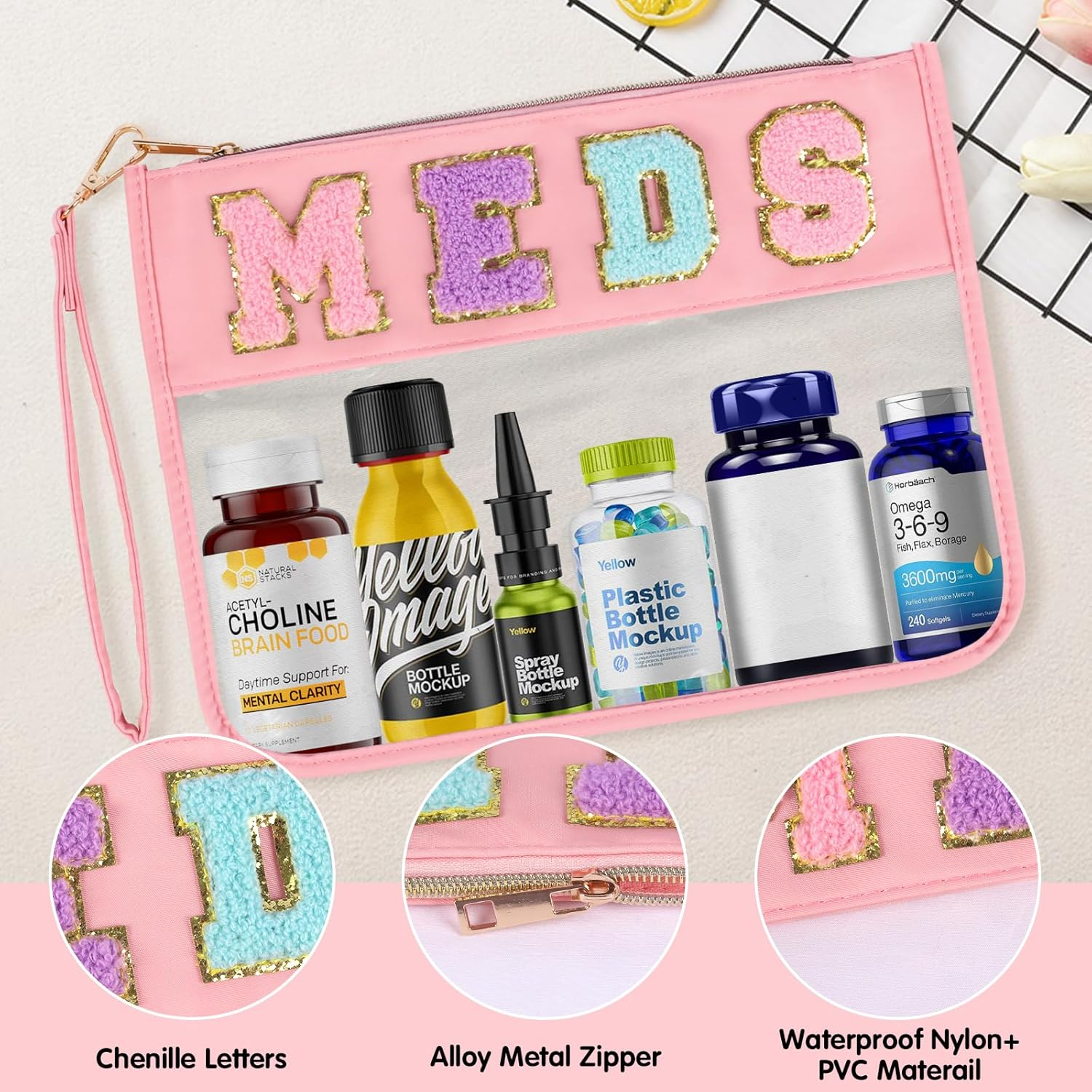 Chenille Letter Clear Zipper Flat Transparent Waterproof Cosmetic Bag Travel Makeup Bag with Zipper Toiletry Bag with Preppy Patch for Women and Kids, Medicines, Cosmetic Bag/Makeup Bag image number 2
