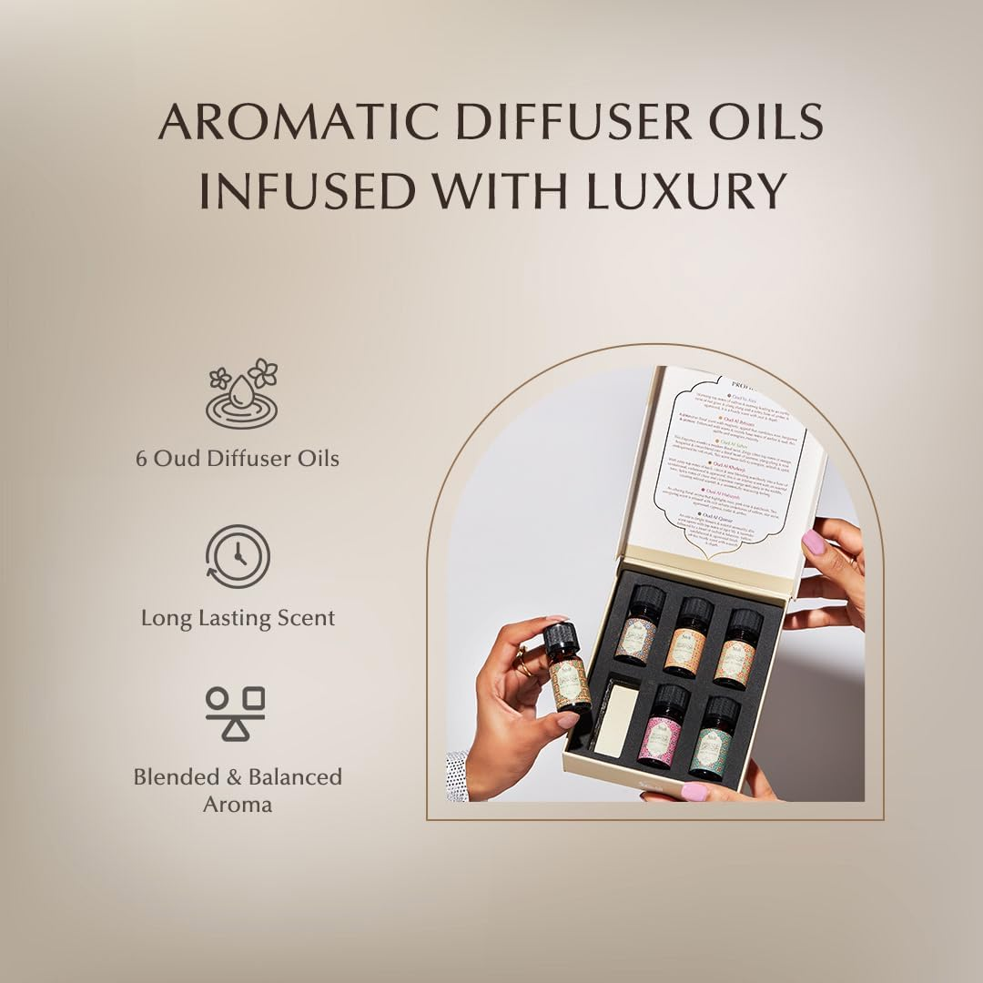 Dukhni Oud Essential Oil Diffuser Blend | 6 X 10Ml Arabic Oil Gift Set for Diffuser & Humidifier | 100% Pure Halal Oils | Relax with Home Aromatherapy, Massage & Candle Making