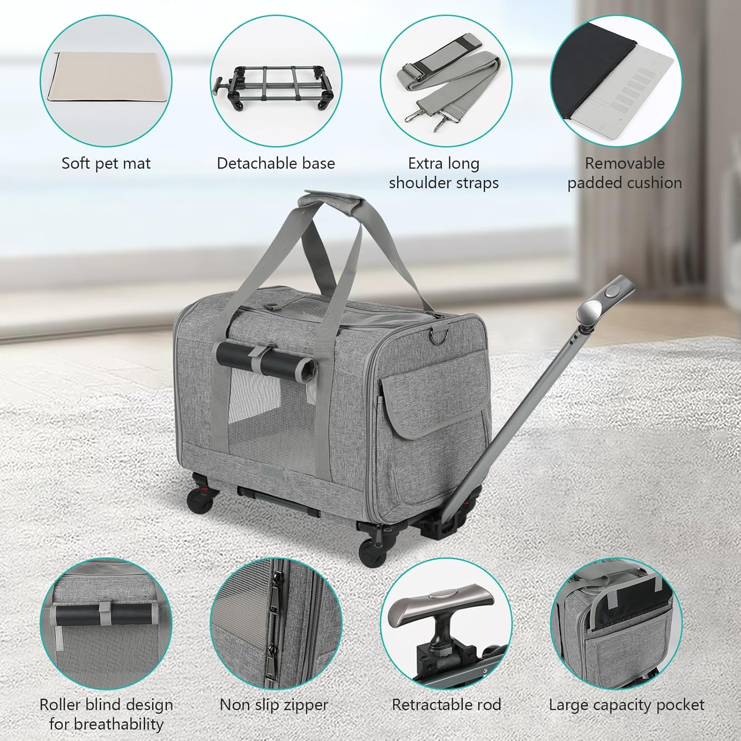 Dog Cat Carrier with Wheels, Detachable Base Portable Breathable Outdoor Pet Carrier with Curtain, Multifunctional Labor Saving Dog Travel Carrier for Picnic (Grey) image number 1