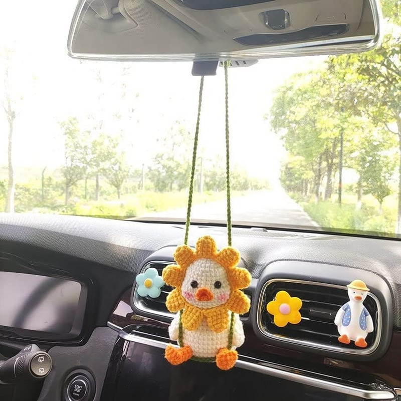 Crocheted Cute Swing Duck Rearview Mirror Hanging Ornament, Pendant for Car Interior Decor, Lucky Accessories (Handmade) image number 1