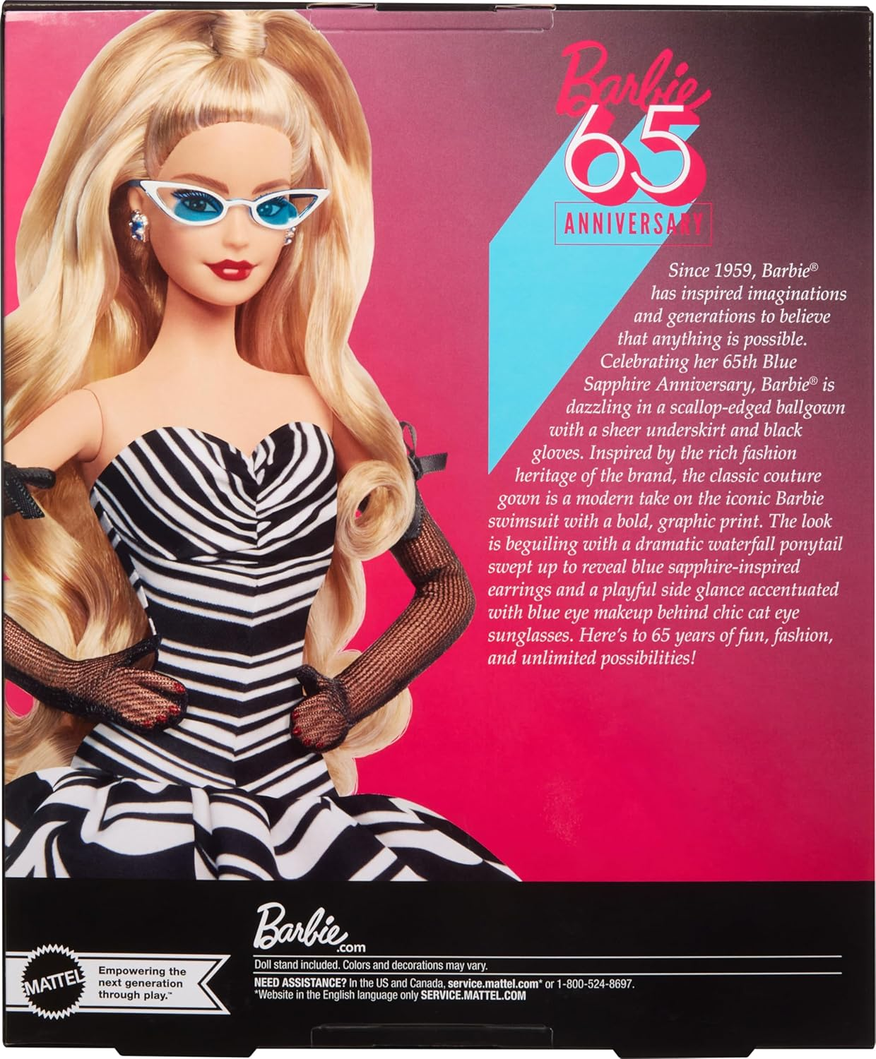 Barbie Signature Doll, 65Th Anniversary Collectible with Blonde Hair, Black and White Gown, Sapphire Gem Earrings and Sunglasses image number 3