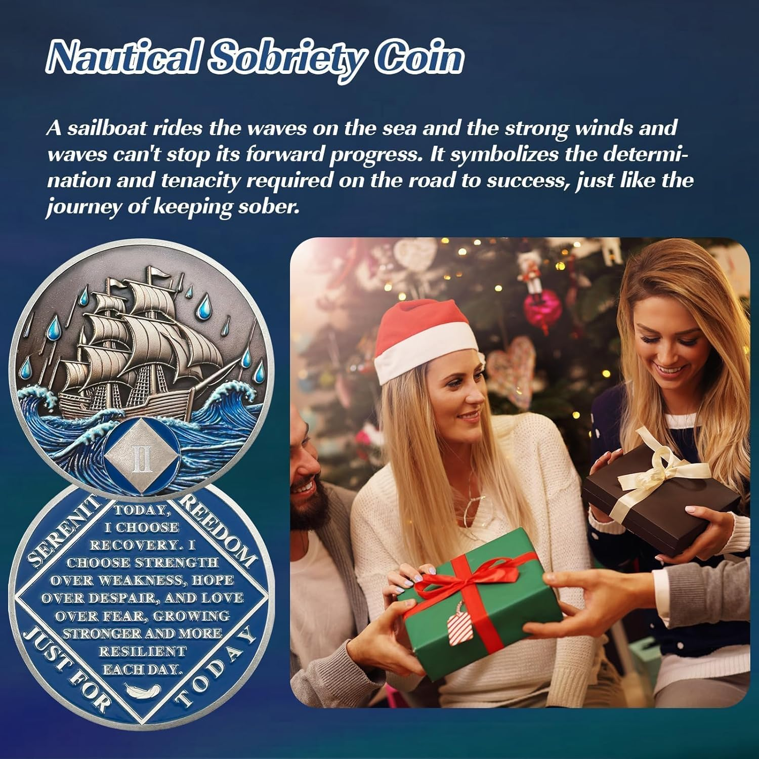 Nautical 2 Year Sober Coin- Affirmation Sober Coin -AA Chips and Medallions &ndash; Addiction Recovery AA Coins &ndash; Narcotics Alcoholics Anonymous Sobriety Gifts for Women Men image number 4