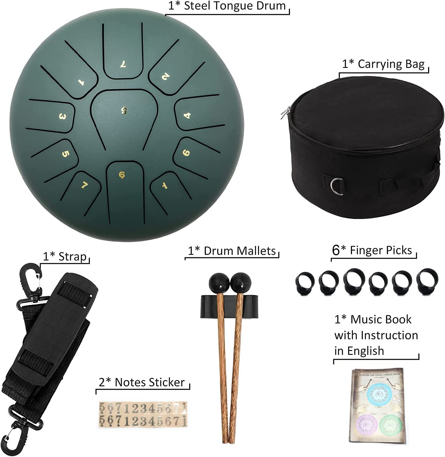Steel Tongue Drum 10 Inches 11 Notes, Percussion Instrument for Adult Kids, Handpan Drum with Carry Bag, Music Book & Drum Mallets - Green image number 3