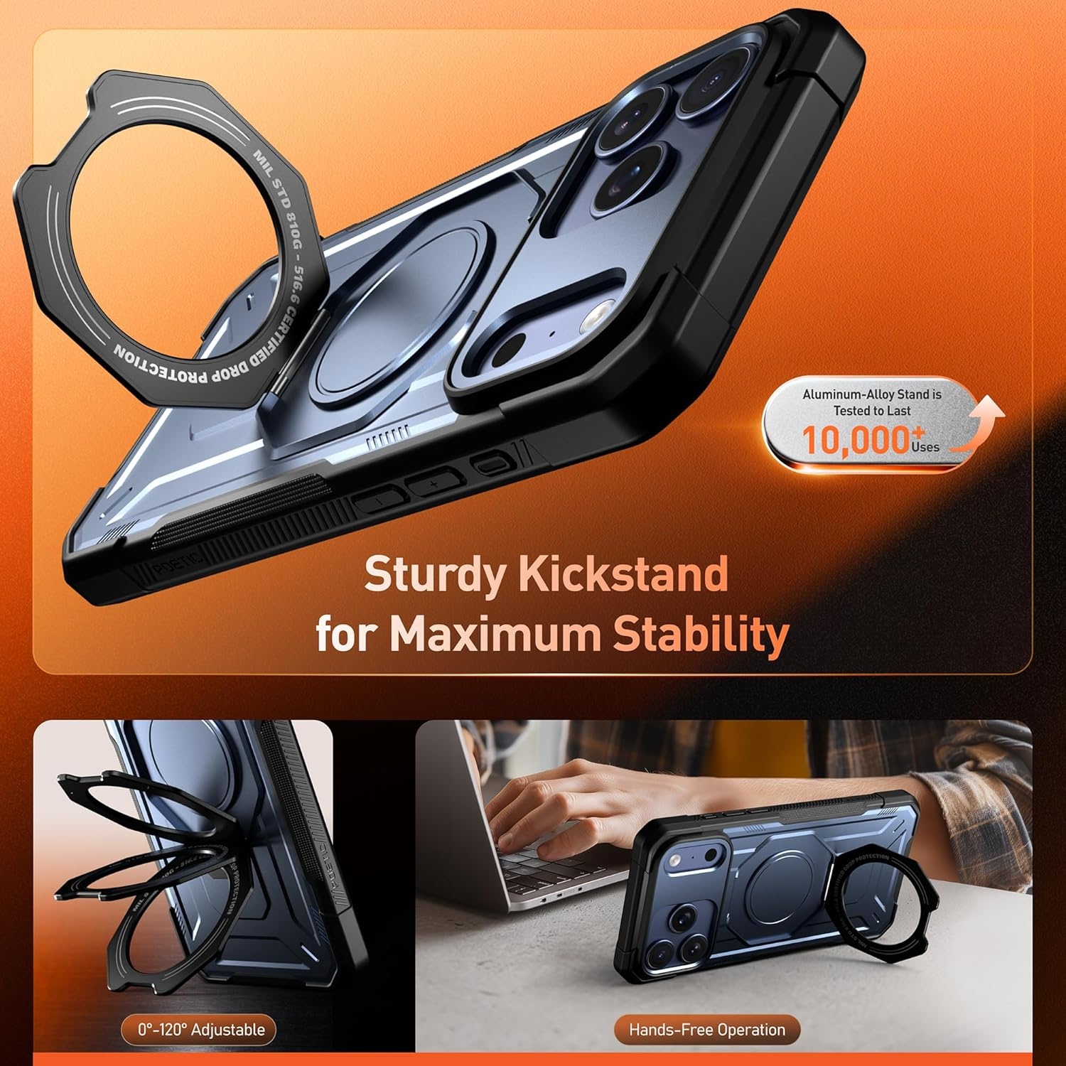 Poetic Spartan Case with Ring Stand for Iphone 17 Pro, [Camera Control Button][Magsafe Compatible], Full Body Rugged Shockproof Protective Cover Case, Midnight Blue image number 7