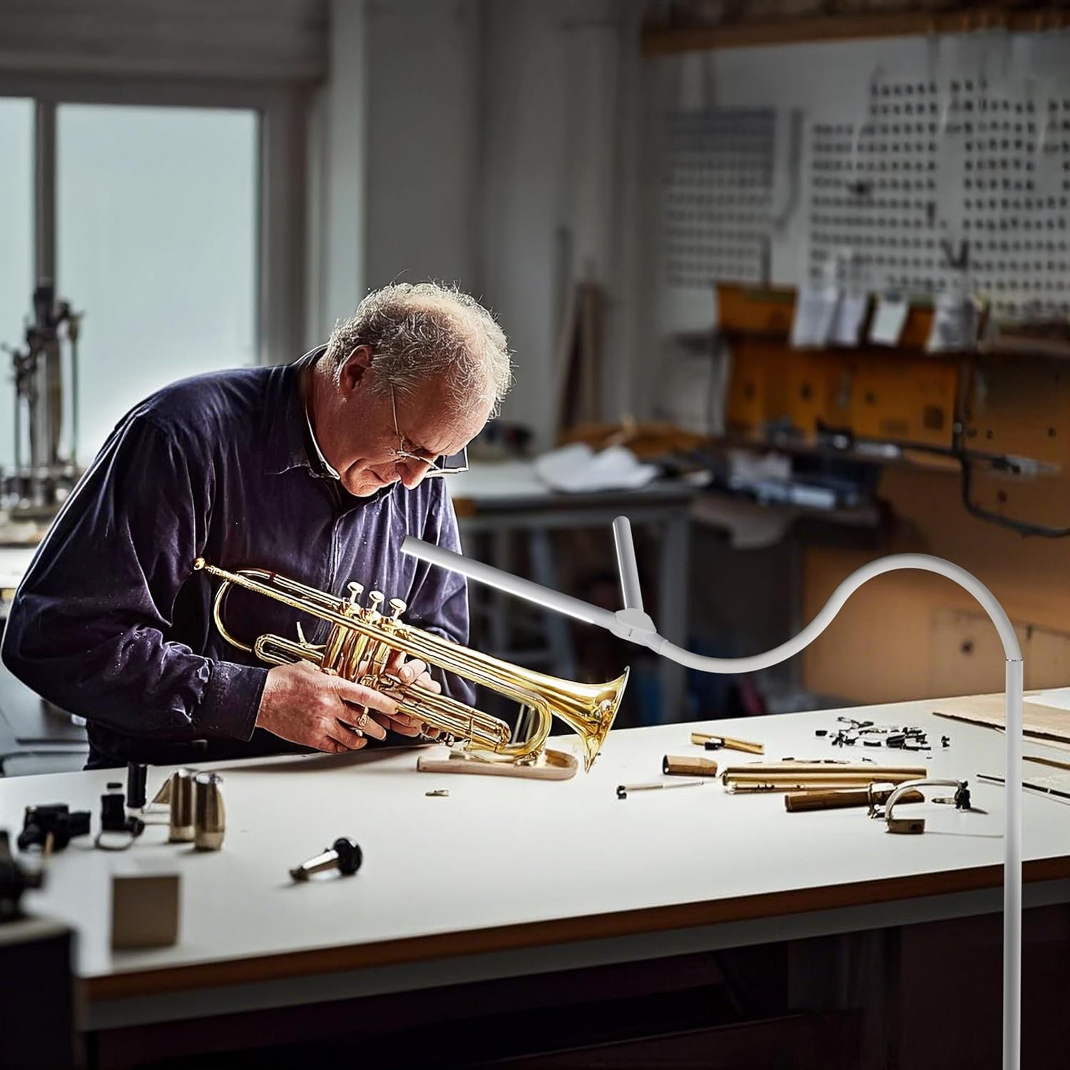 Dual LED Light Bar Floor Lamp, 59Cm Long 180&deg; Wide-Angle Stand Lamp, Independent Dual-Head Control Reading Light, 4 Brightness Levels, Floor Lamps for Living Room with 360&deg; Flexible Gooseneck (White) image number 6