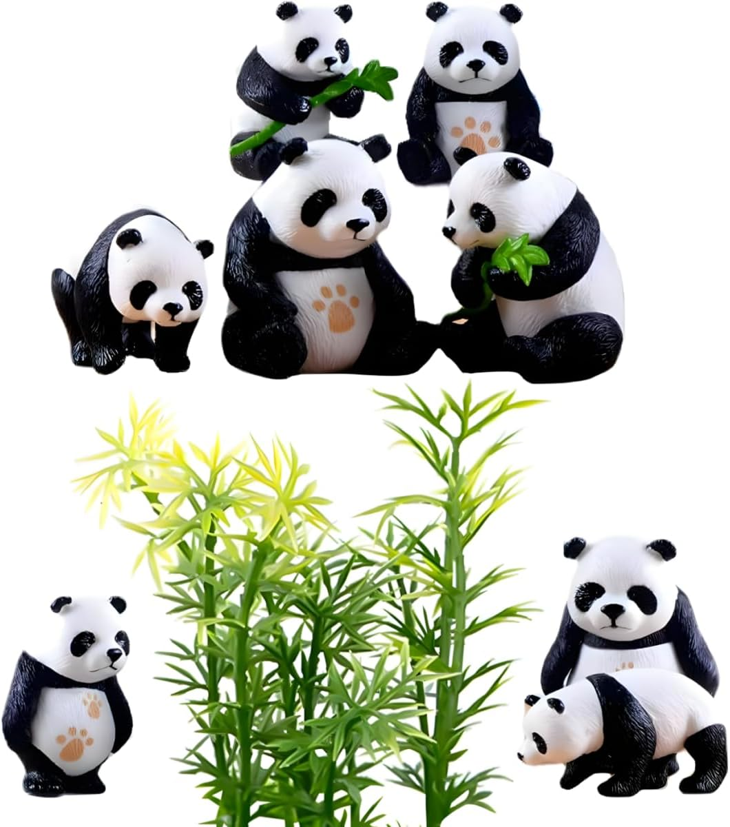 8 PCS Solid Panda Figurines Set with 10 Bamboo Trees Cake Topper DIY Kits Realistic Cute Panda Ornament Birthday Party Decorations Supplies image number 1