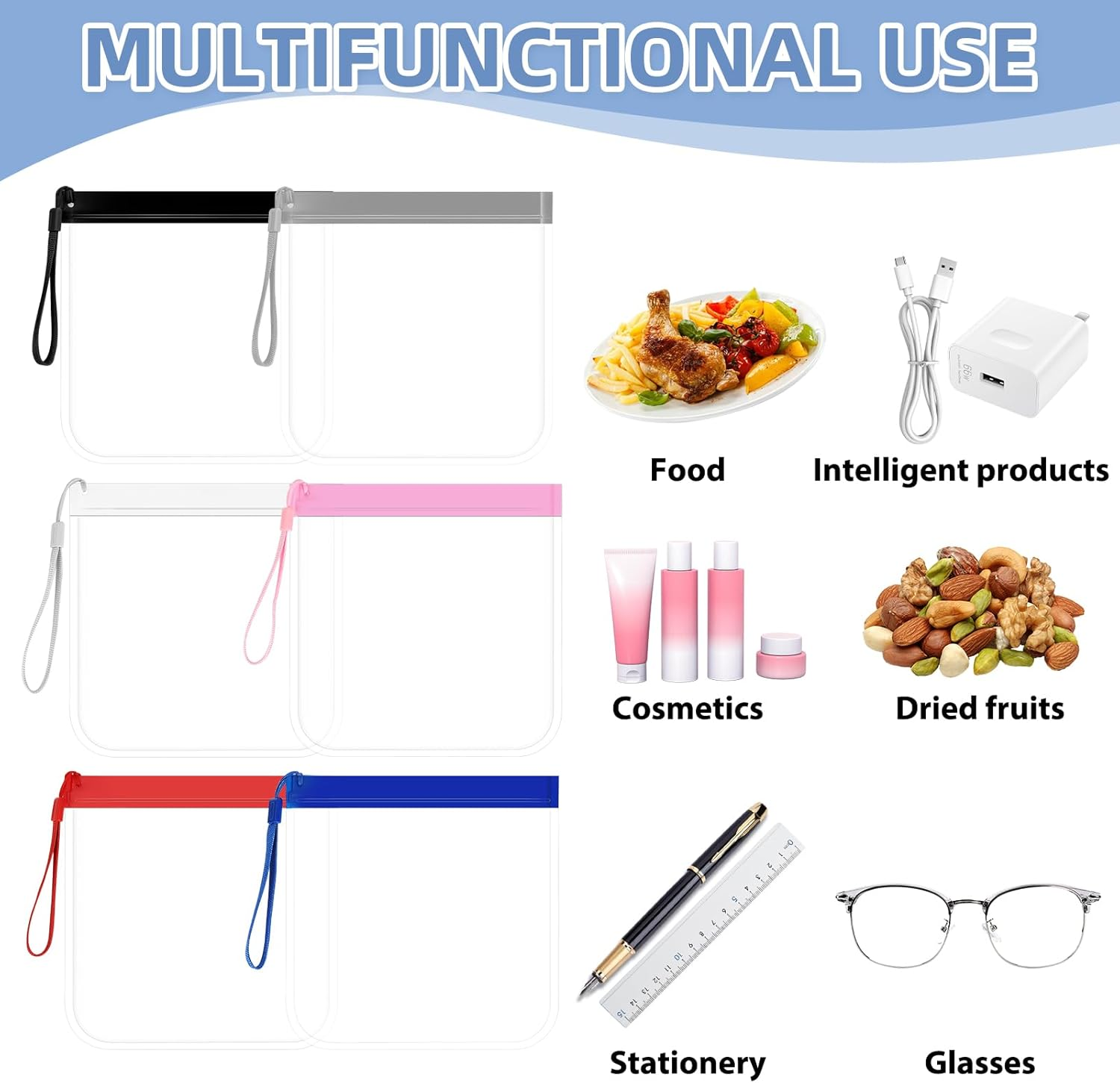 Ozessence 6 Pcs Clear Travel Toiletry Bag, 20 X 20Cm Airport Airline Compliant Transparent Waterproof Travel Bag for Storage Passport Jewelry Food Cosmetics Documents and Data Cables image number 1