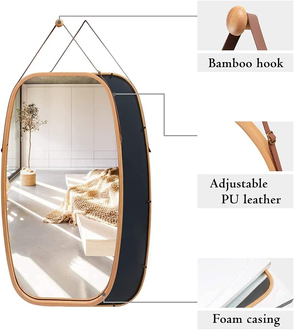 Hanging Wall Mirror 74X43Cm - Solid Bamboo Frame and Adjustable Leather Strap for Bathroom and Bedroom, Vanity Mirror, Makeup Mirror, Face Mirrors, Wall Shelf Mirror (Full Length) image number 3