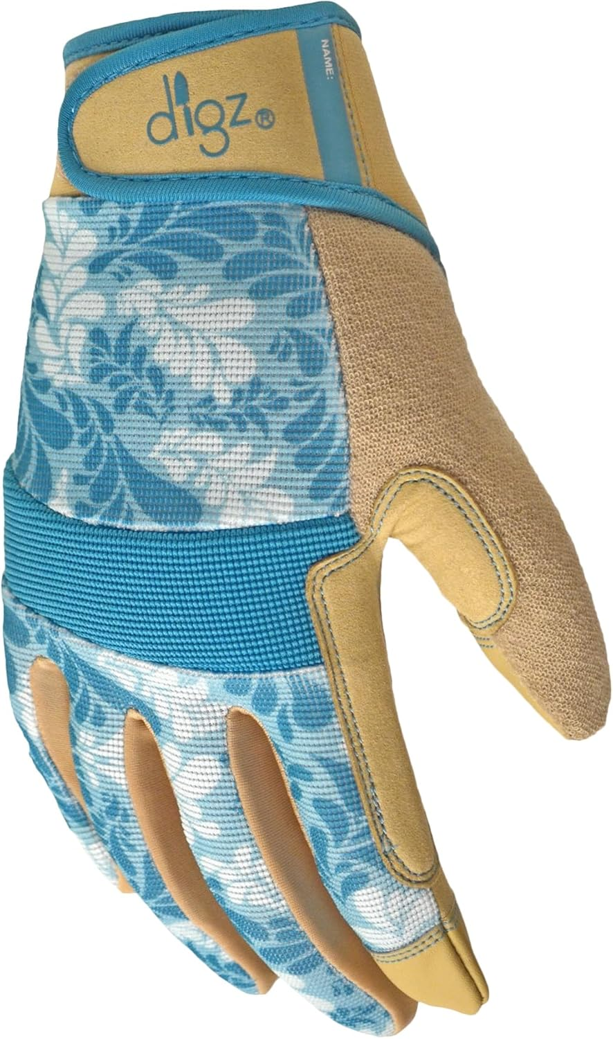 DIGZ 7606-23 High Performance Women'S Gardening Gloves, Work Gloves with Touchscreen Compatible Fingertips, Blue Leaves Pattern, Medium image number 1