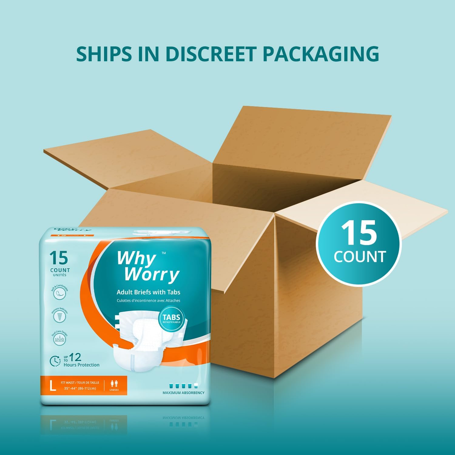 Whyworry Adult Diapers for Women and Men, Disposable Incontinence Briefs with Tabs, Overnight Absorbency, Odor Control, Unisex, Large, 15 Count image number 3