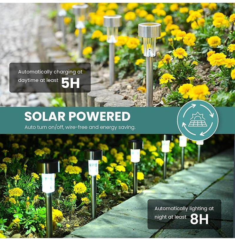 12Pcs Solar Outdoor Stainless Steel Lawn Lights, Waterproof Solar Garden Decorative Lights, Stainless Steel LED Landscape Path Lights Solar Powered, Courtyard, Walkway Backyard Driveway Lawn LED image number 1