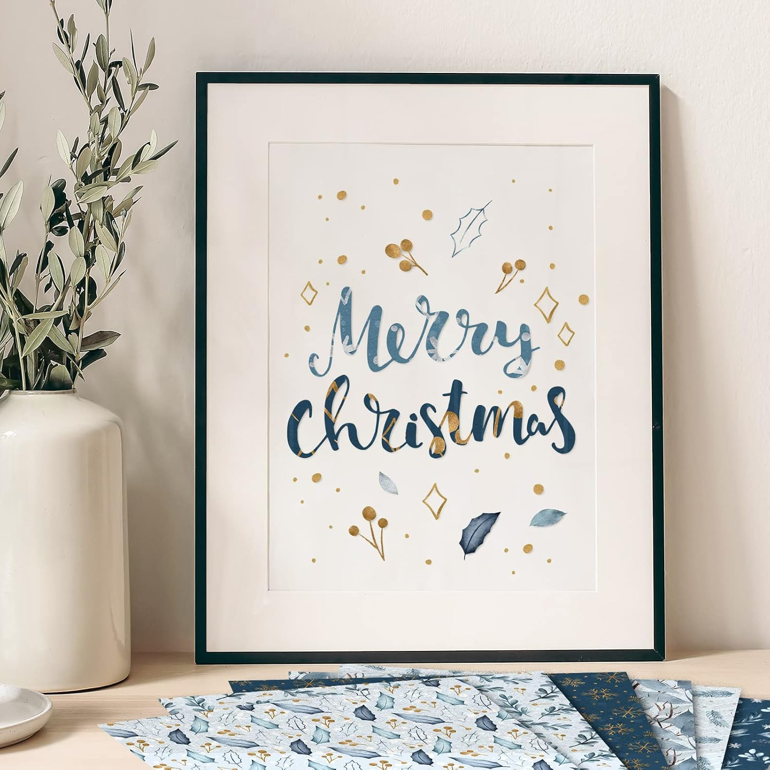 Whaline 24 Pack Christmas Pattern Paper 30X30Cm Watercolor Winter Scrapbook Paper Double-Sided White Blue Snowflake Craft Paper Folded Flat for DIY Card Making Scrapbook Photo Album Decor, 12 Designs