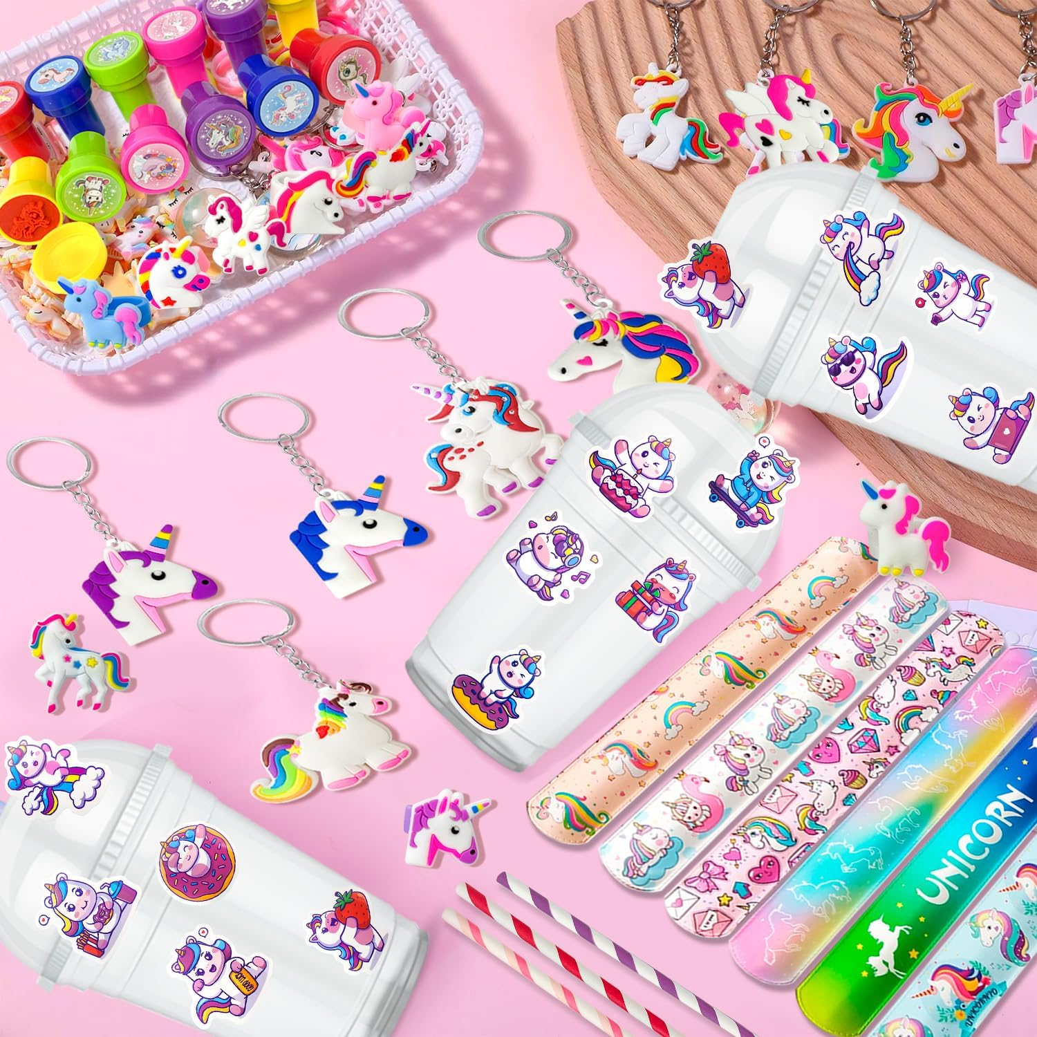 Unicorn Party Favors for Girls,134Pcs Unicorn Birthday Party Favors Set - Unicorn Goodie Bags & Unicorn Slap Bracelet & Unicorn Stickers Keychain Stampers Rings Etc Unicorn Themed Party Favors image number 4