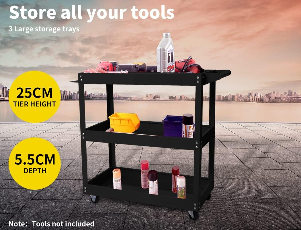 Traderight Tool Cart Trolley 3-Tier Toolbox Workshop Garage Storage Organiser, 150 Kg Capacity, Black image number 3