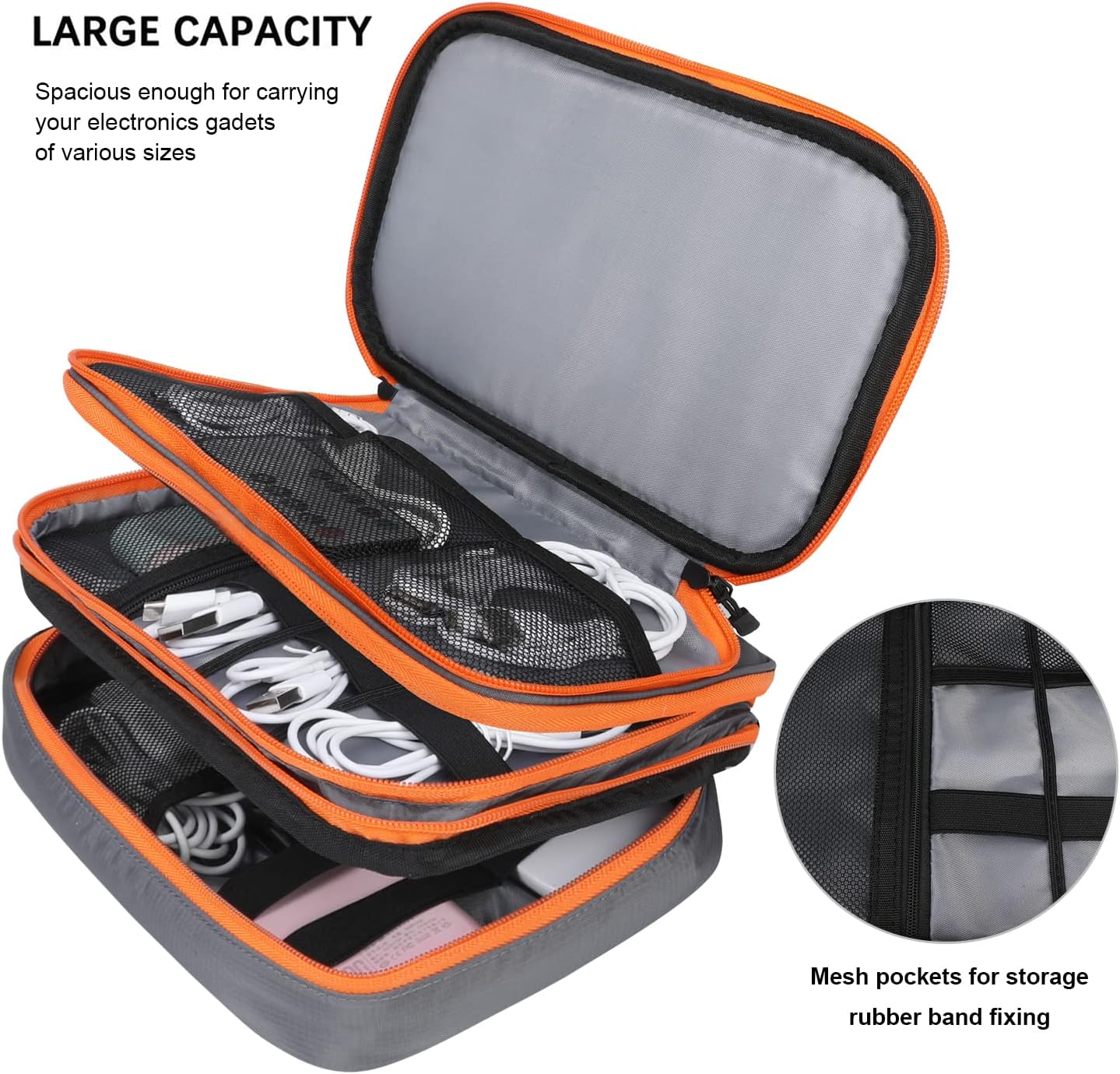 Travel Accessories Bag, Portable Cable Organiser Bag Travel Electronics Organiser Gadget Cable Bag Cable Pouch, Carrying Case for Tablet, Cable,Sd Card, Charger, Power Banks, Grey, XSC, Bag Organiser - Grey image number 6