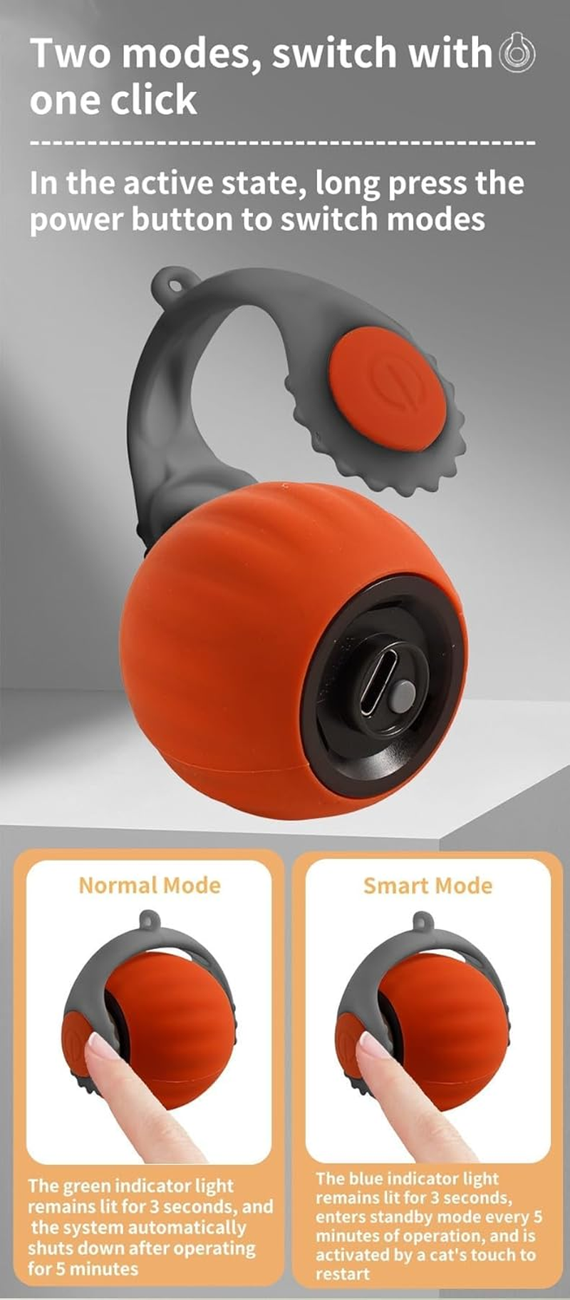 Interactive Cat Toy Balls,Electric USB Rechargeable,Built in 150Mah Lithium Battery, the Speed Can Reach 1M/S,Intelligent and Normal Modes (Orange) image number 6