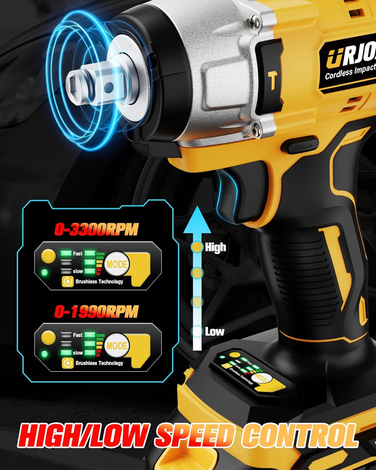 Cordless Impact Wrench - 800Nm Brushless 1/2" Impact Gun, 3300RPM High Torque Impact Gun, 2 X 4.0Ah Batteries, Charger and 7 Sockets, Electric Impact Wrench For image number 2