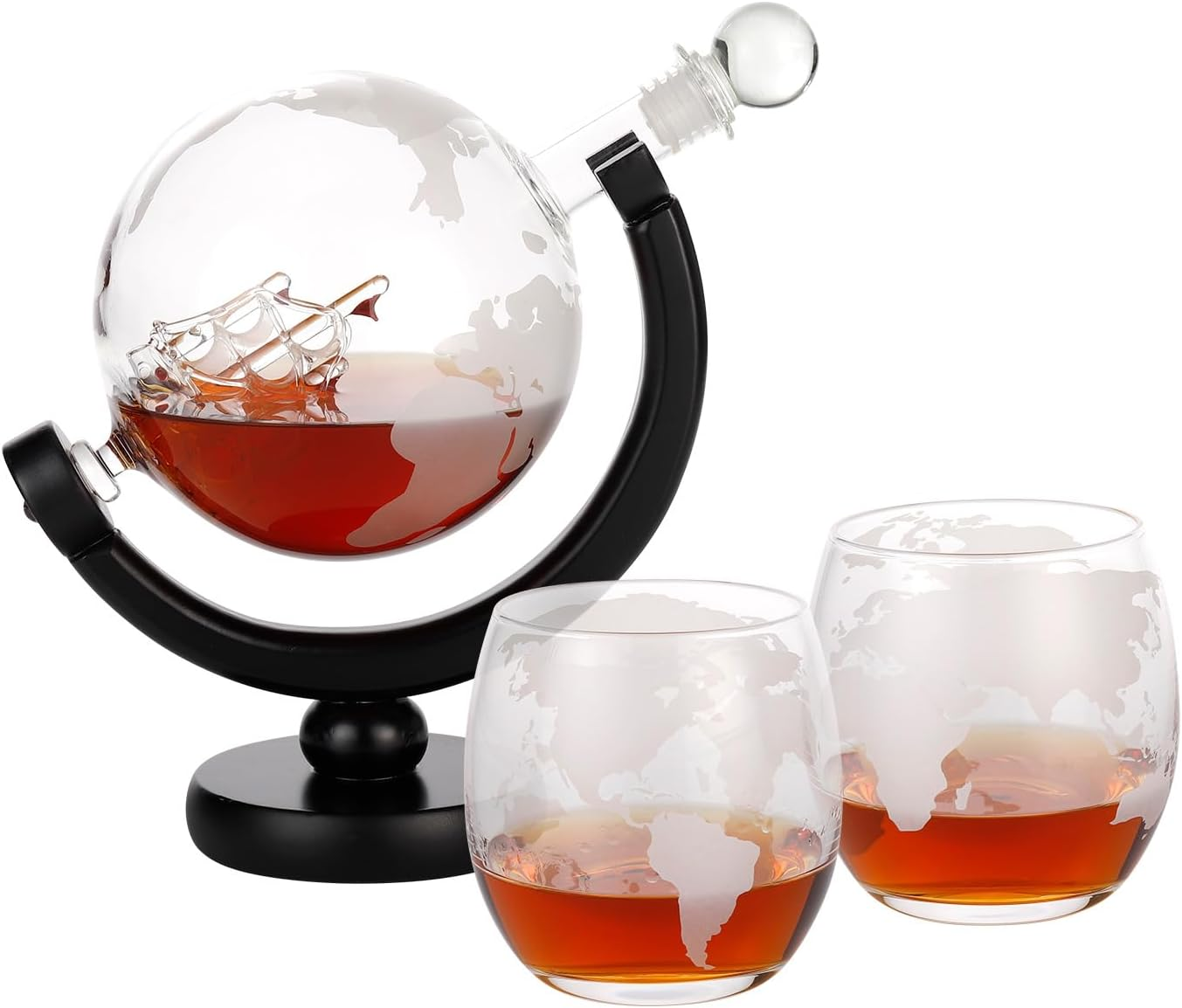 28.7Oz Globe Whiskey Decanter Set with 2 Glasses, Liquor Decanter Set, Unique Christmas Birthday Gift Idea for Men Dad, Cool Christmas Stuff for Him Husband, Dispenser for Bar Drinking Party image number 6
