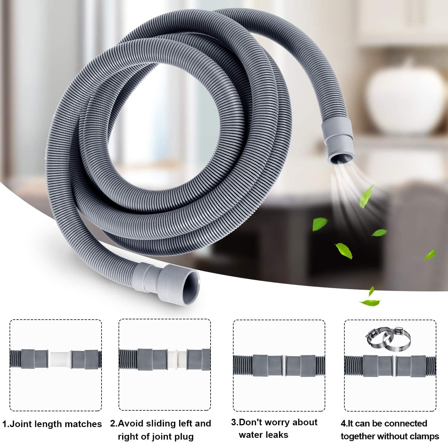 5 Feet Universal Washing Machine Drain Hose Flexible Dishwasher Drain Hose Extension Kits Corrugated Washer Hose Extension Kits with 1 Extension Adapter and 2 Hose Clamps, U-Bend Hose Holder image number 2