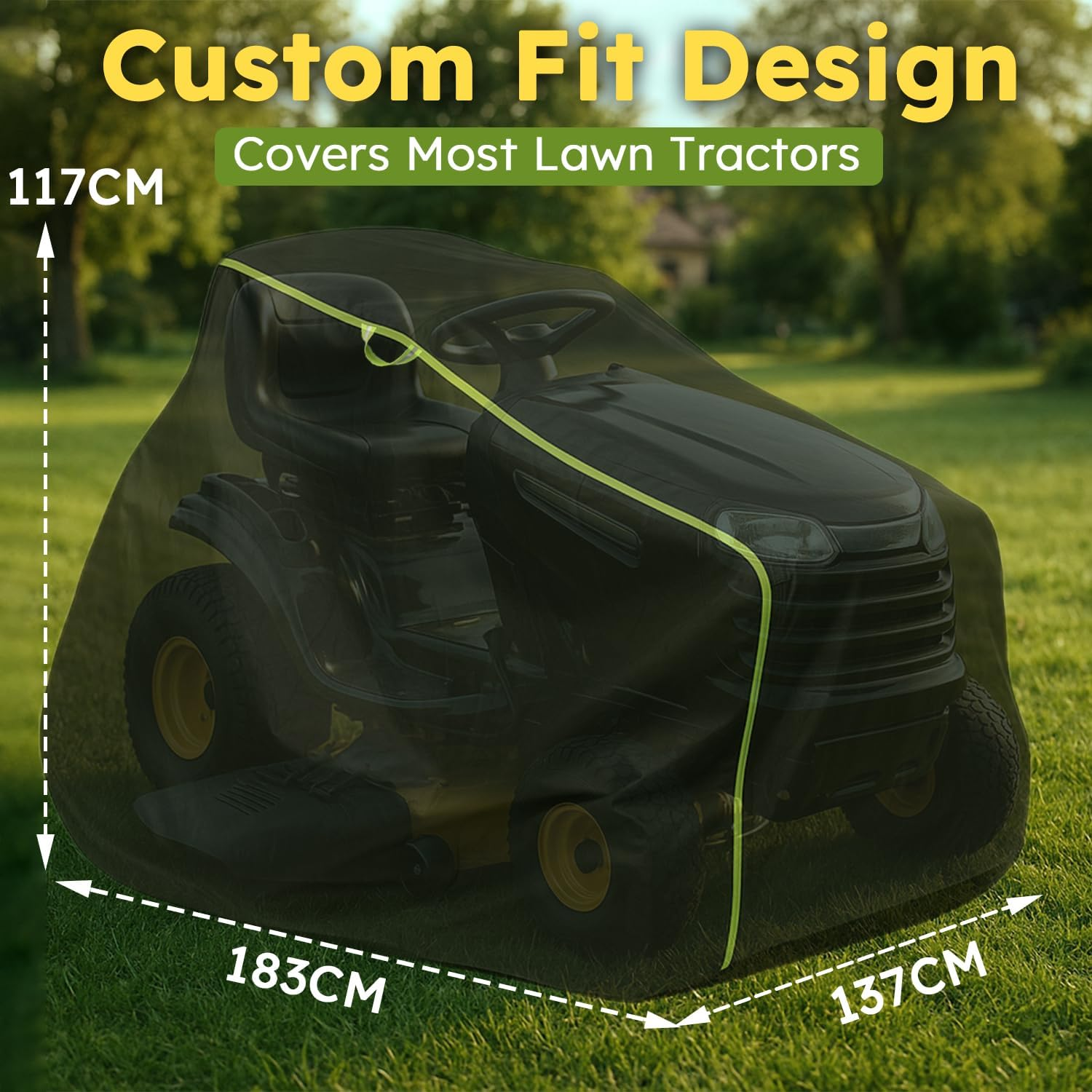 Heavy Duty Ride-On Lawn Mower Cover Waterproof 600D Oxford &ndash; Outdoor Tractor Cover with Elastic Hem, Straps, Reflective Strips, Fits 183&times;137&times;117Cm for Sit-On Mowers and Garden Tractors image number 5