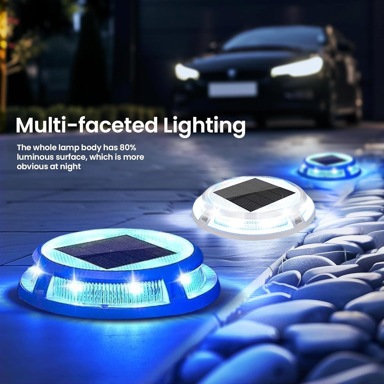 XIULIUU Solar Deck Lights, 4 Pack Solar Powered Driveway Lights, IP68 Waterproof, Outdoor Warning Dock Lights for Step Sidewalk Stair Garden Pathway Walkway Yard (Blue/White) image number 4