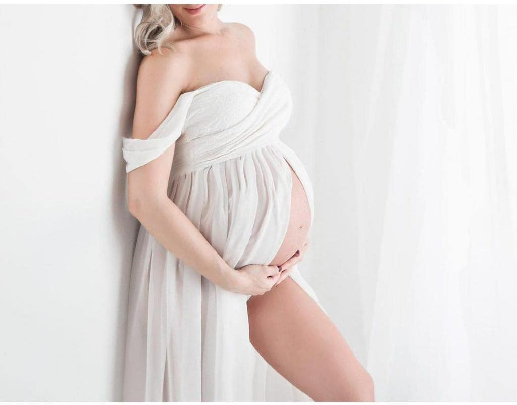 Women off Shoulder Long Maxi Dress for Maternity Photography Wedding, as Described - White M image number 5