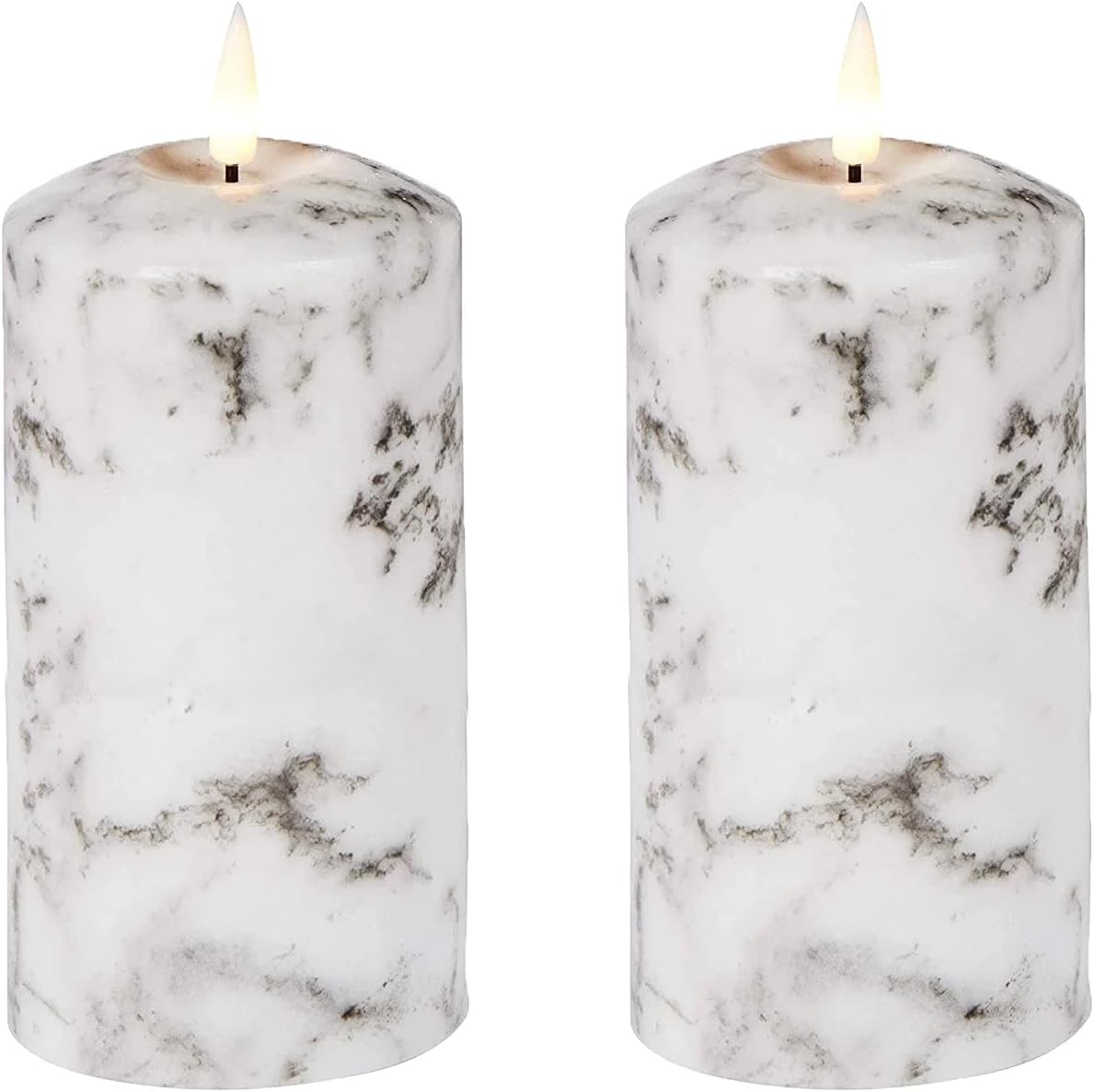 Set of 2 LED Marble Effect Wax Pillar Candles - 3 Size Options - 18Cm image number 1