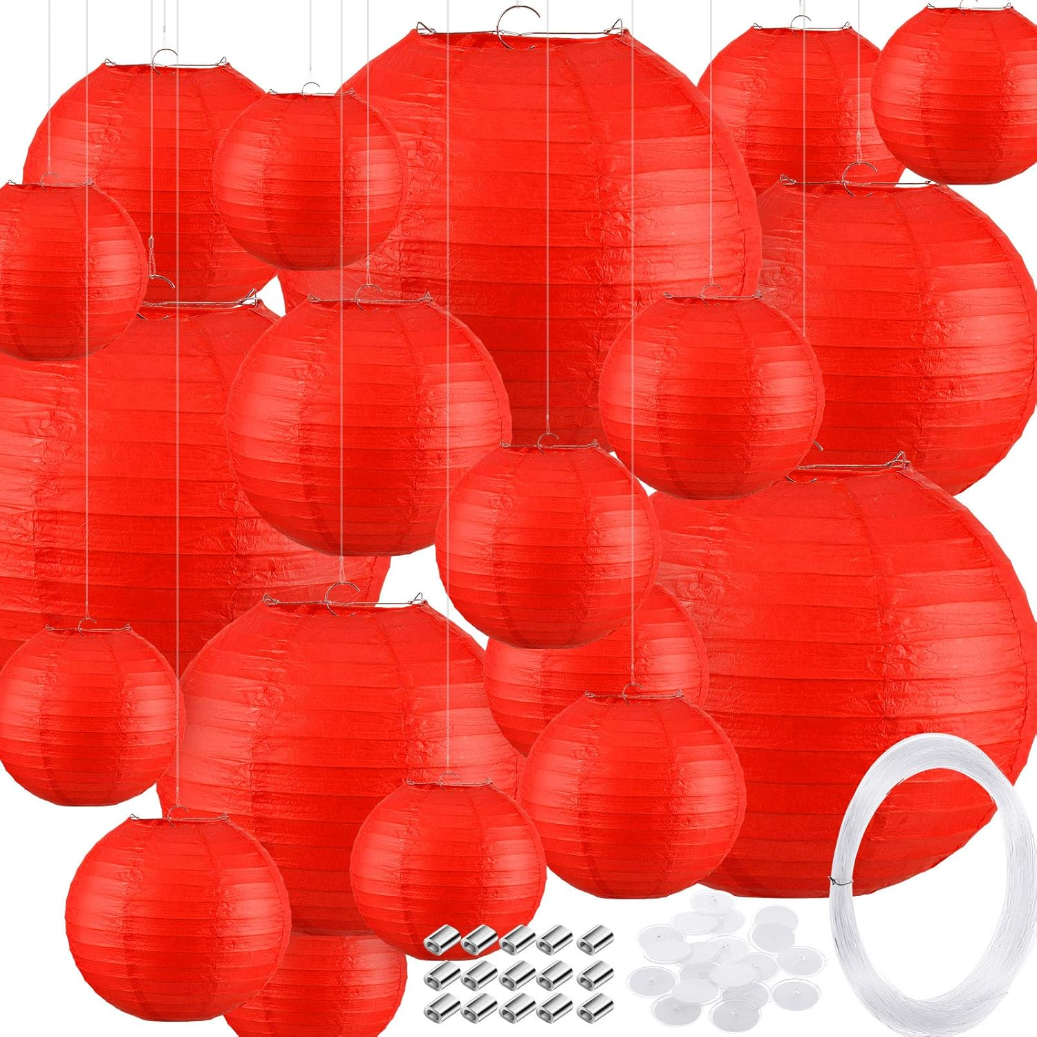 79 Pieces round Chinese Paper Lantern Set, Decorative Assorted Sizes Lanterns with 20 Meter Clear Nylon Thread Crimping Loop Sleeve and Adhesive Ceiling Hook for Wedding, Party, Event