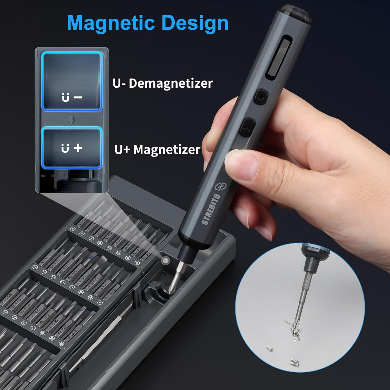 STREBITO Mini Electric Screwdriver Set, 70-In-1 Max Precision Electric Screwdriver Kit with Lights, 5 Upgraded Torque Levels, 64 Magnetic Bits, Electric Screwdriver Cordless for PC RC Electronics image number 1