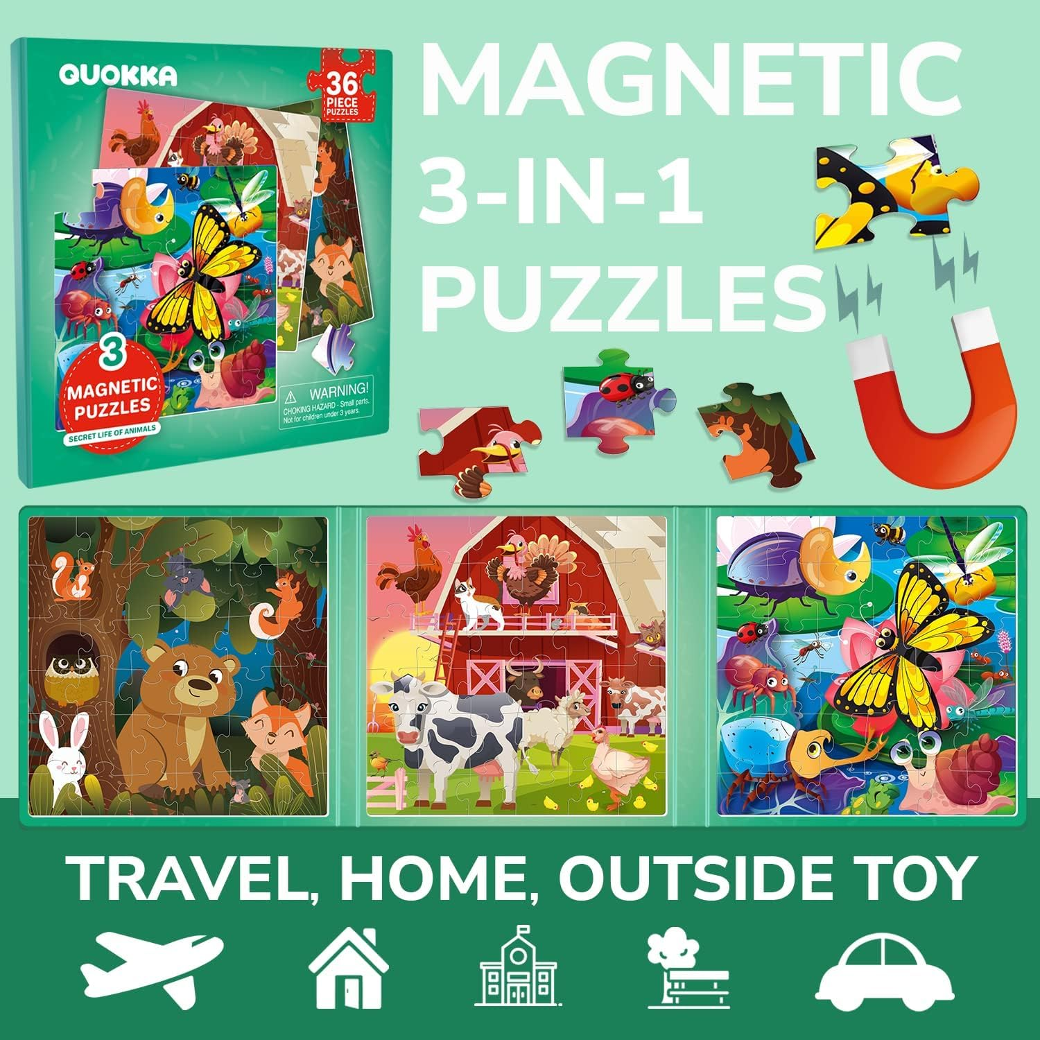 QUOKKA Magnetic Puzzles for Toddlers 3-5 - 36 Pcs Travel Puzzles Games for Kids Ages 2-4 - Animal Car Activities Toy for Boys and Girls 4-8 Yo - Learning Magnet Road Trip image number 4
