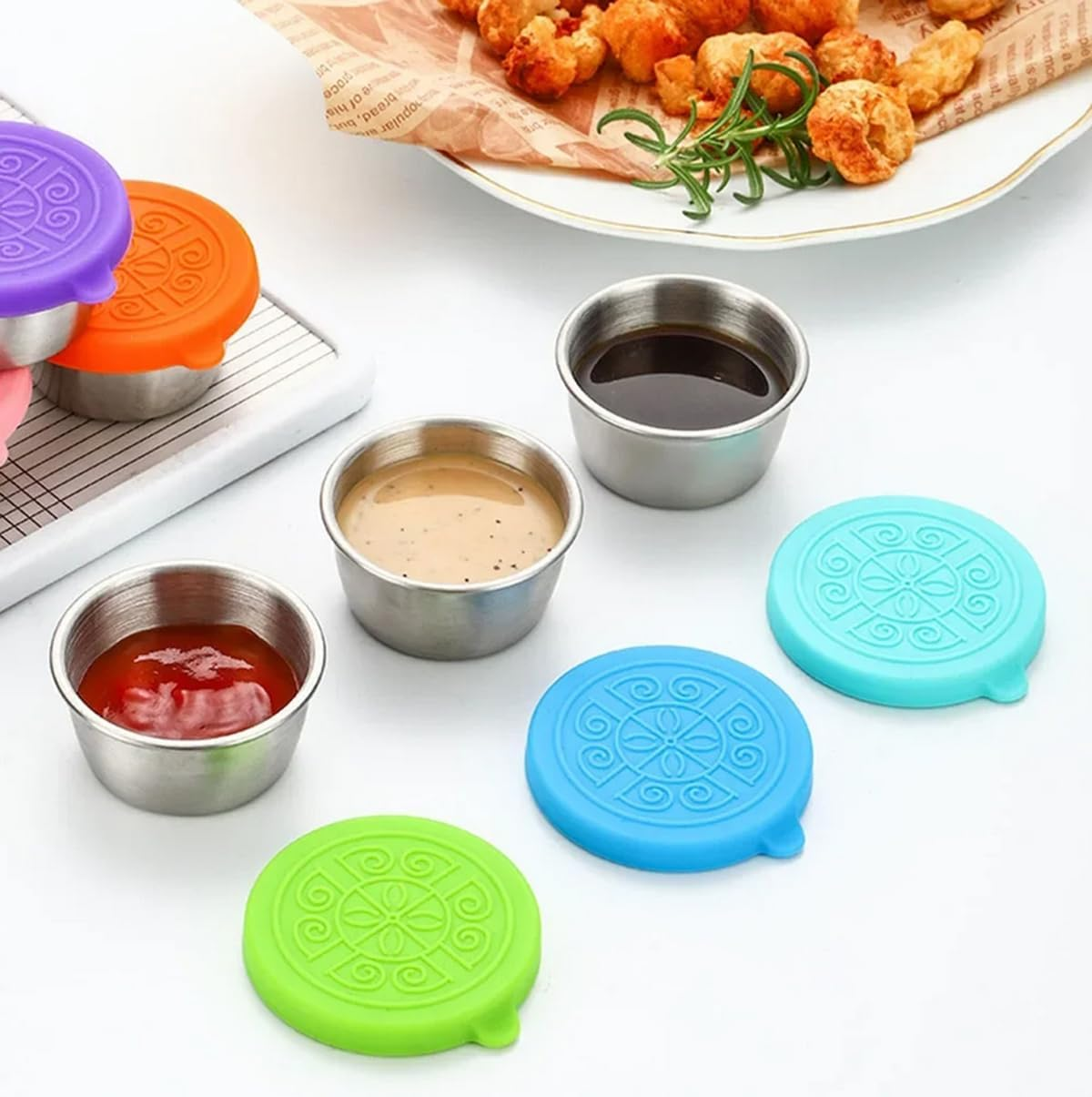 6Pcs/Set SUS304 Stainless Steel Salad Dressing Container with Leakproof Silicone Lids, Small Sauce Cups Condiment Containers for Lunch Bento Box, Picnic and Travel image number 2