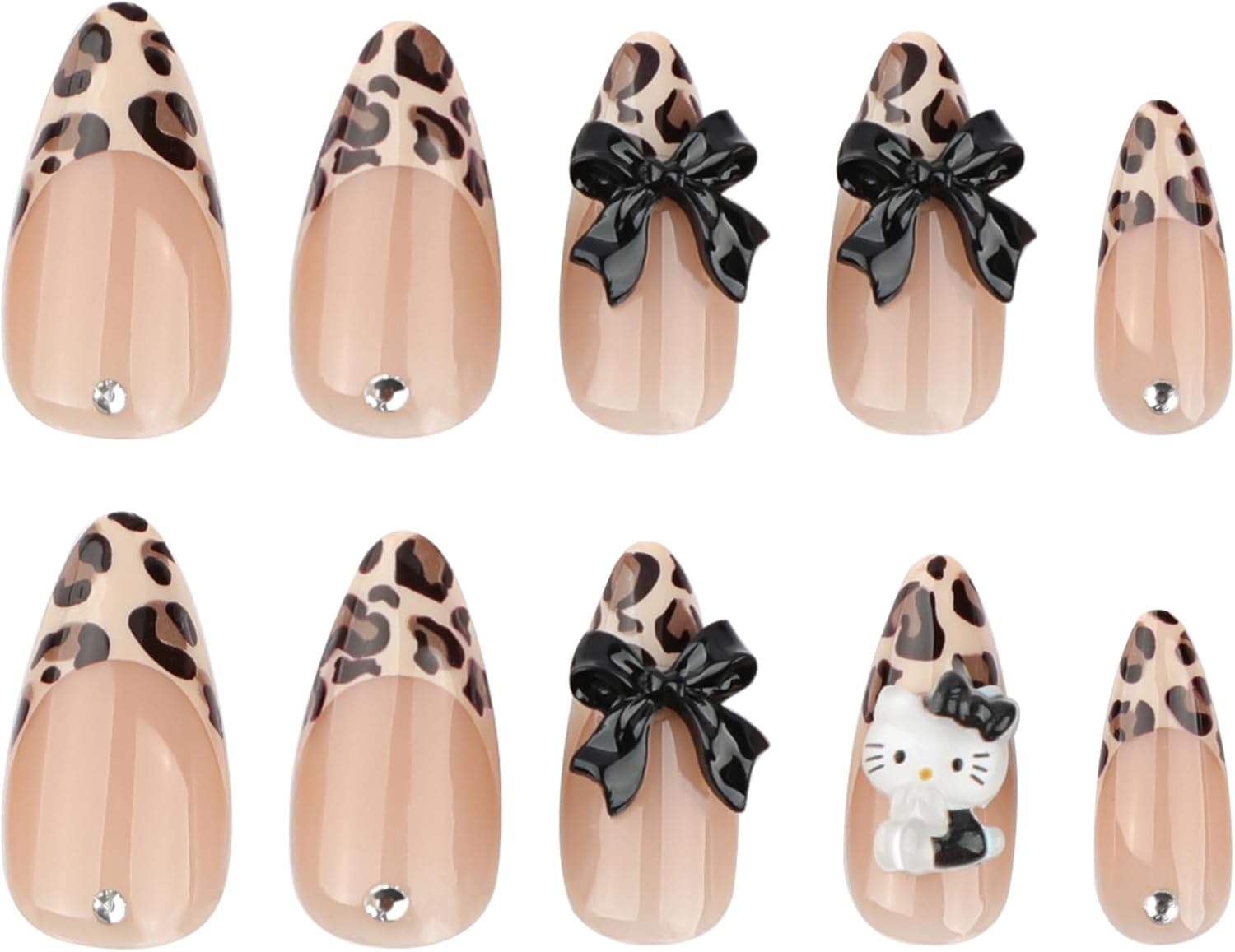 ＴＩＺＹＦＦ Press on Nails, French Leopard Print Hello Kitty Cat Three-Dimensional Point Diamond Bow False Nails, Artificial Nails for Women and Girls -24 Pc image number 5