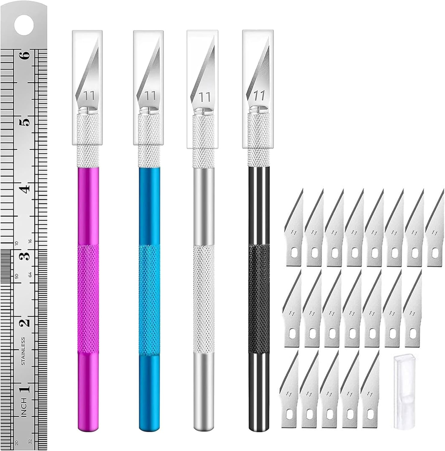 4 Pcs Precision Carving Craft Knife Hobby Knife,With 20Pcs Manganese Steel Blade Kit with 6In Steel Ruler,Ergonomic Aluminium Handle for Diy,Art,Cutting,Carving image number 2