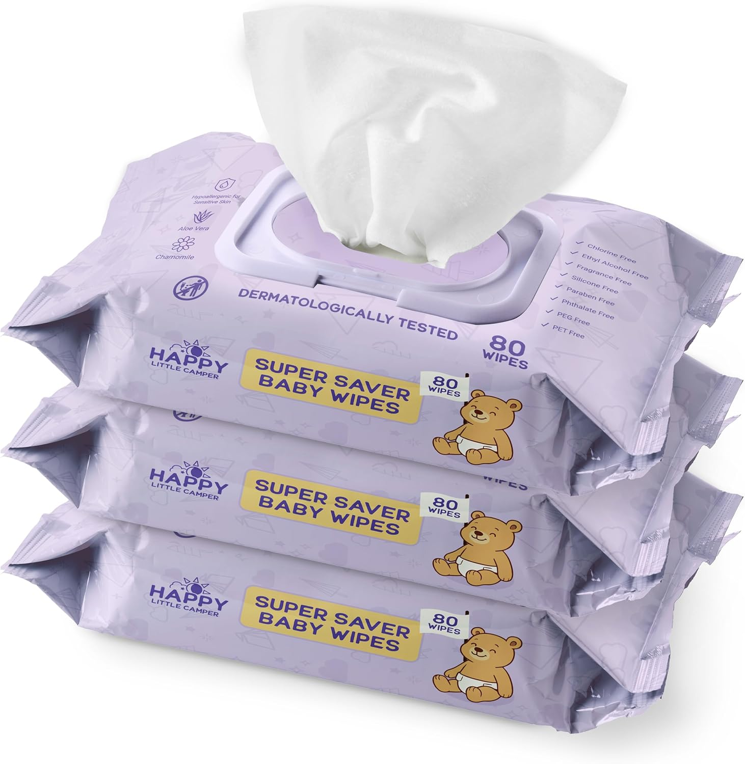 Happy Little Camper Super Saver Baby Wet Wipes, 240 Count (3 Packs of 80 Wipes), 99% Water, Totally Chlorine Free Baby Wipes Suitable for Sensitive Skin image number 3