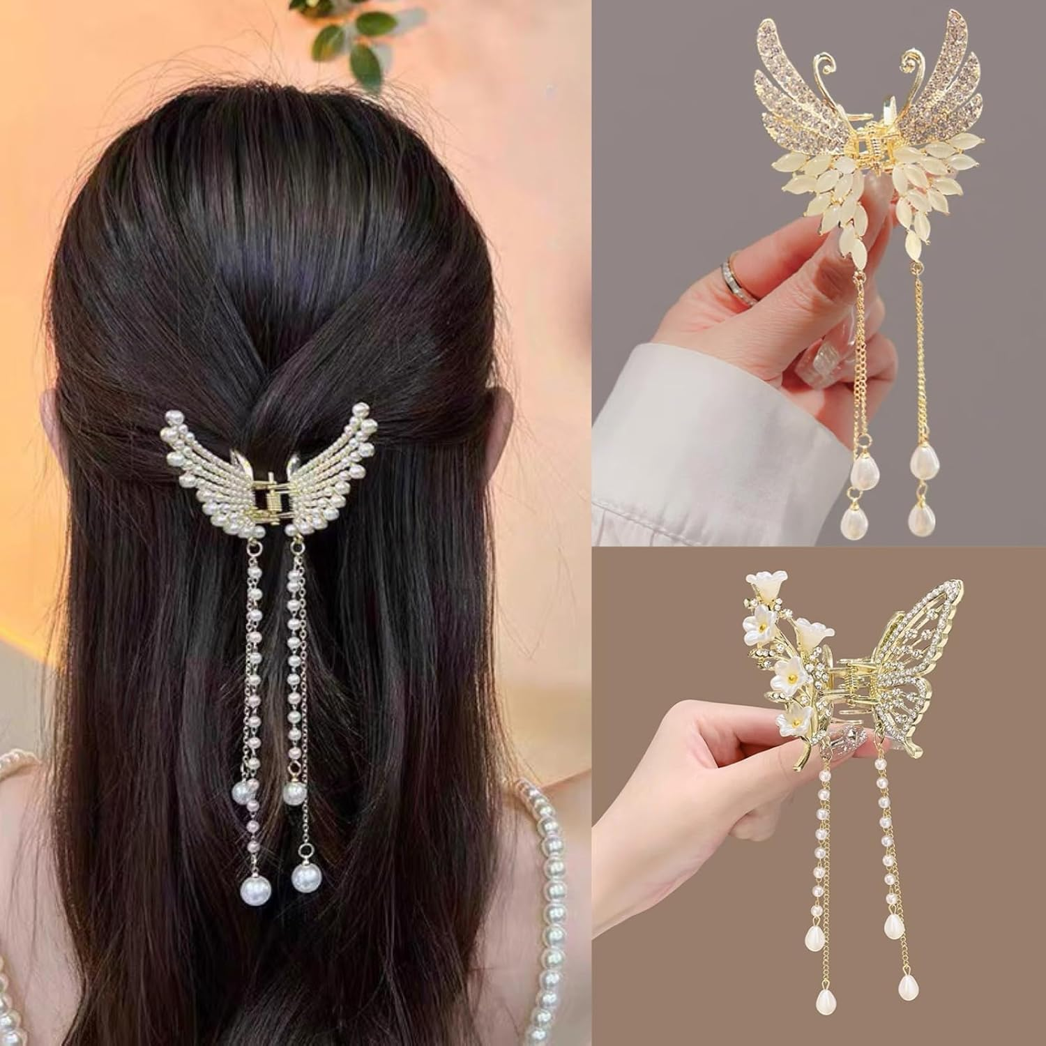 Ypkia Butterfly Hair Clip Small Gold Metal with Fringe Hair Clips Women'S Pearls Rhinestone Elegant Hair Accessory for Women and Girls (Pack of 3) image number 3