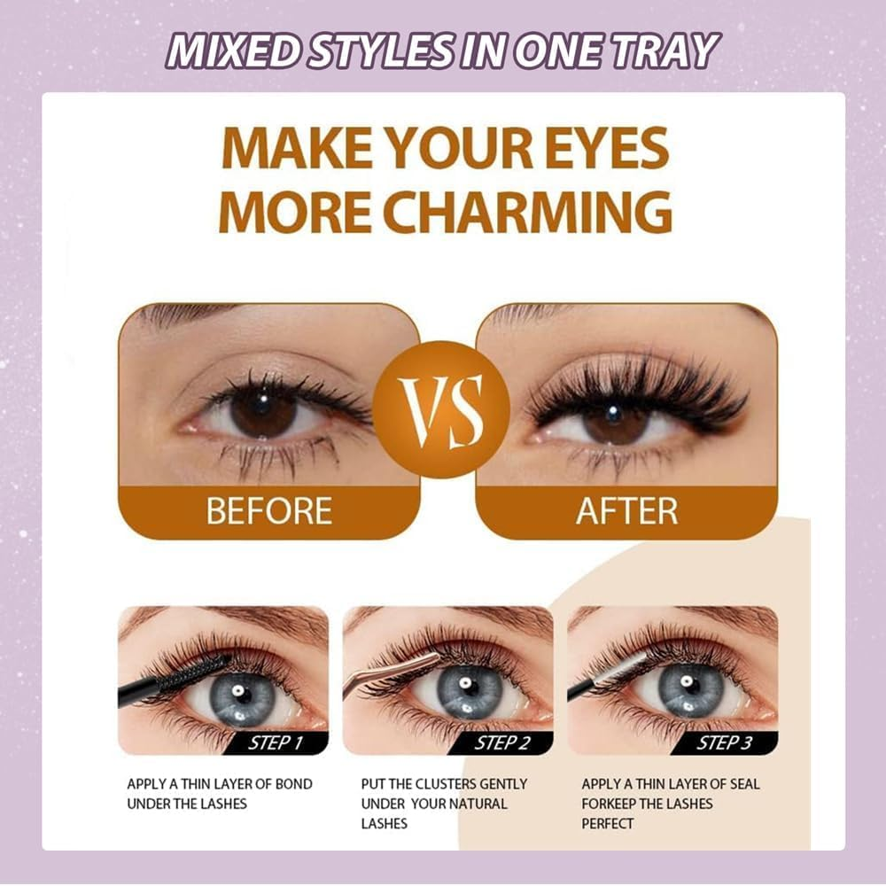 FANDIQ Individual Eyelashes Wispy Lash Clusters Kit 570 Pcs Eyelash Extension Kit D Curl Cluster Lashes 8-16MM DIY Eyelash Extension Kit with Lash Bond and Remover Tweezers Double-Ended Brush(A01 KIT) image number 2