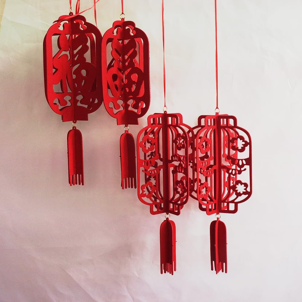4PCS 17Inch Chinese Lanterns Chinese New Year Decorations for Party Palace Lantern Wedding Supplies Spring Festival Mid-Autumn Festival Party Room Ornaments Hollow Inlaid Red Lanterns - Fu image number 2