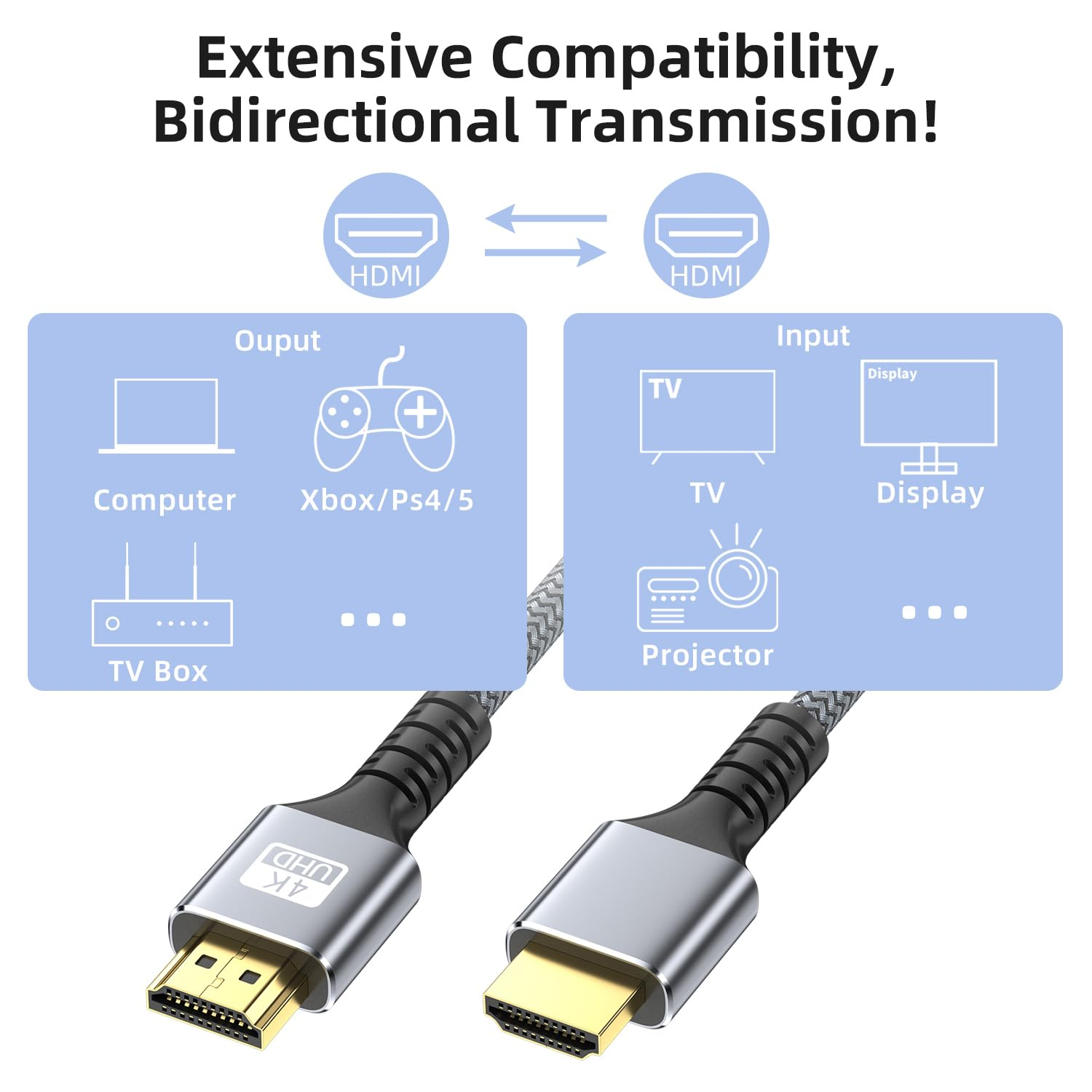 Looyotul 4K Hdmi Cable 10M High Speed HDMI Cable 4K@60HZ 3D ARC Gold Plated Connector Ethernet Audio Video Return HDMI Cord for UHD TV Monitor Laptop Xbox PS4/PS5 Roku TV Ect.(Silvery) image number 1