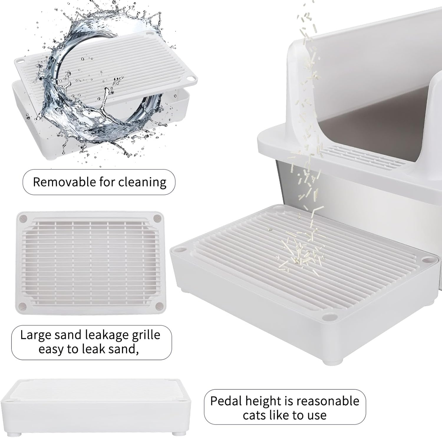 RIZZARI Stainless Steel Cat Litter Box, Semi-Enclosed Litter Box with Raised Edges, Anti-Leakage & Odorless, Large Litter Box for Small to Large Sized Cats (White) - White image number 2