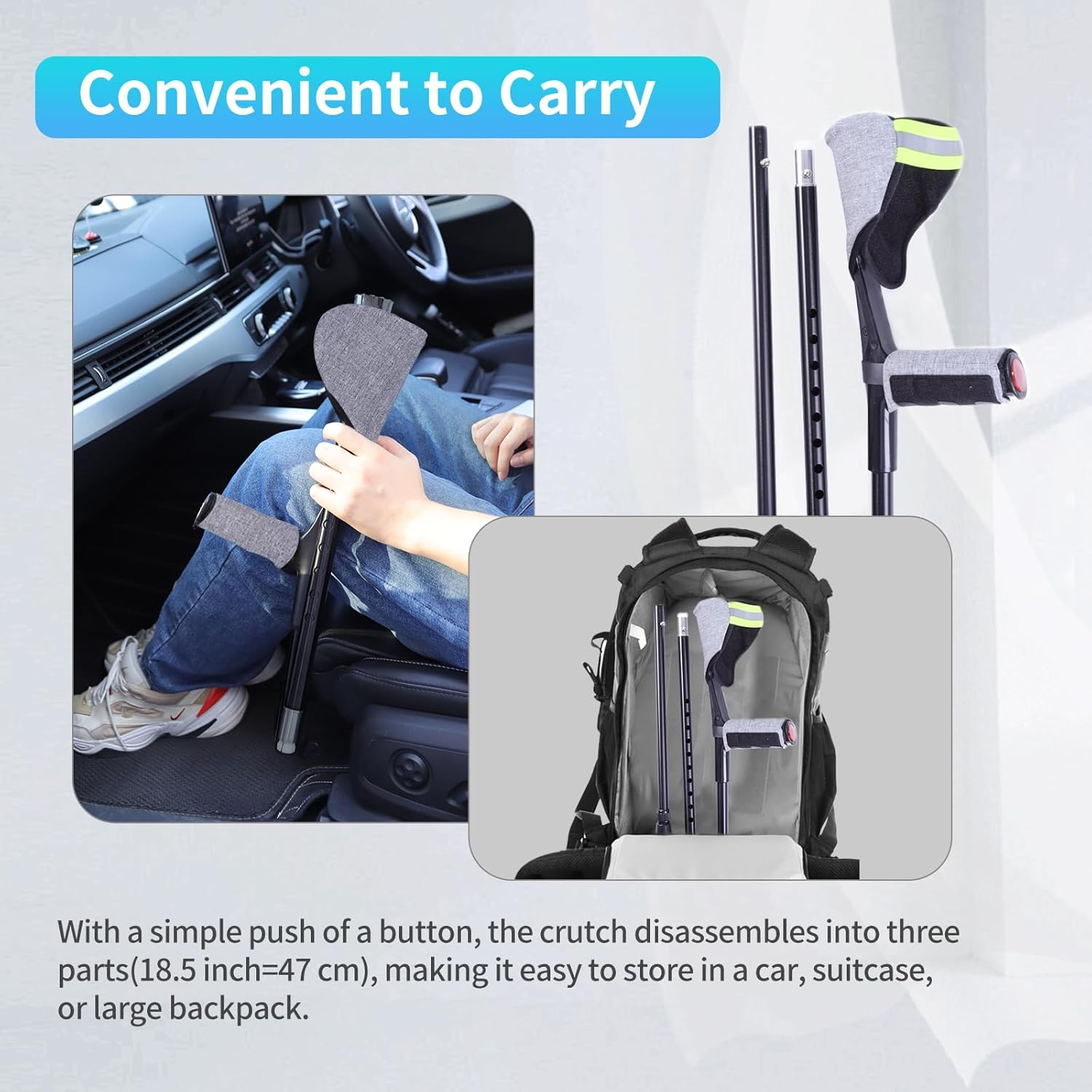 ENLUNTRA Forearm Crutches for Adults, 2 Pcs, Adjustable Arm Crutch with Elbow Strap and Cushion, Portable and Foldable Crutches, Grey Cushion