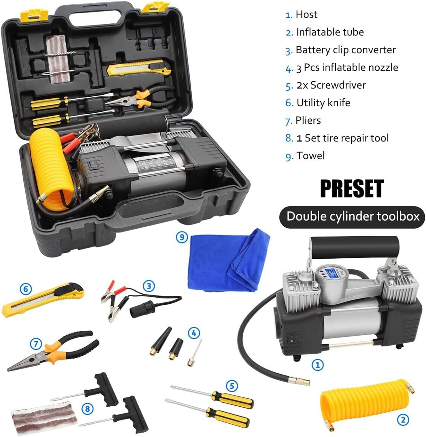 12V 150PSI Car Air Compressor Portable Tyre Deflator Inflator Pump for 4WD Car Truck with 3M Cable 3 Nozzle Adaptors Storage Box 1 Tire Repair Tool Set image number 1