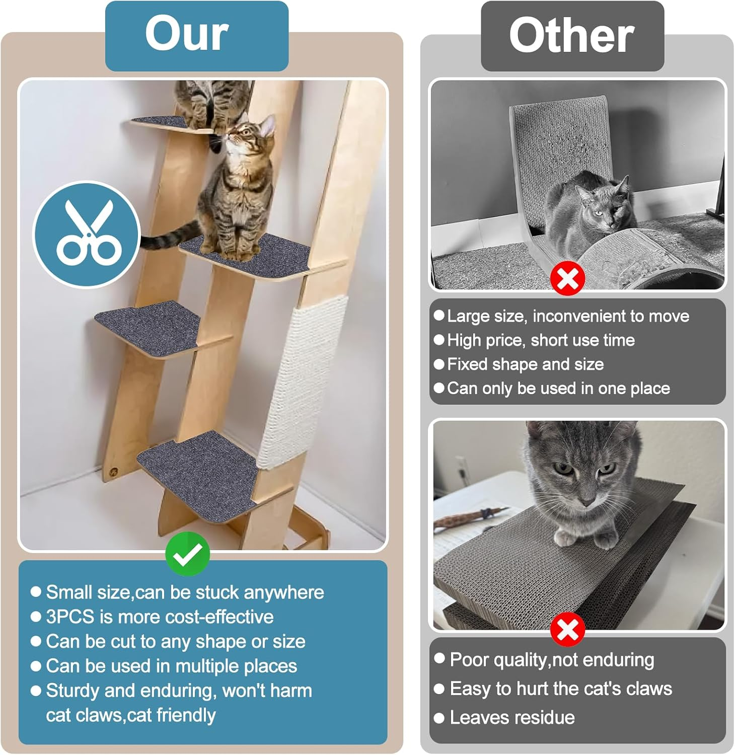 XANGNIER DIY Climbing Cat Scratcher Mat,3 Pack Trimmable Self Adhesive Cat Scratching Pads,23.6"X11.7"Cat Scratching Protector Board for Couch Furniture Wall Corner Cat Tree Post Carpet Shelf Shelves