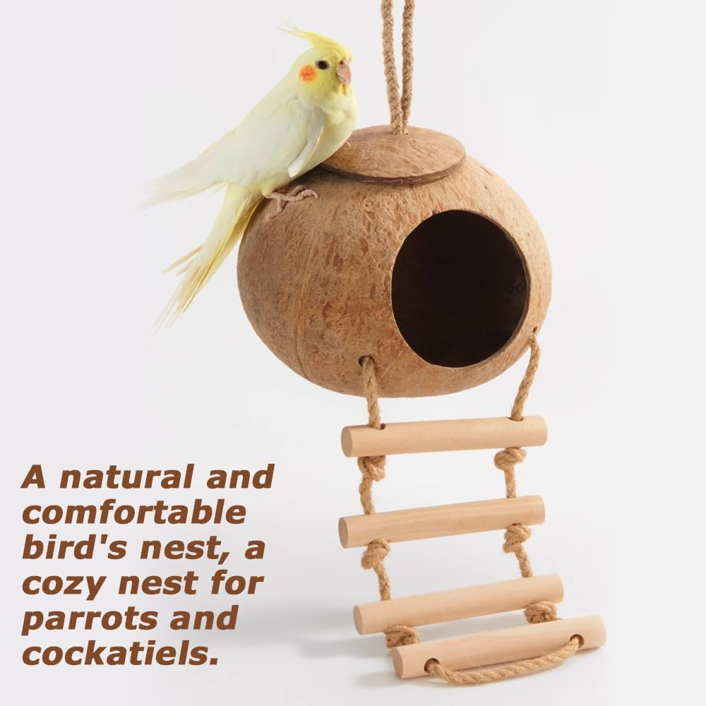 Coconut Hut,Hideout Cave,Coconut Hideout,Hanging Birdhouse Cage,Bird Shell Breeding Nest,For Parrot Parakeet Lovebird Finch Canary,For Home Garden Bedroom Living Room,Polished Lanyard Style image number 4