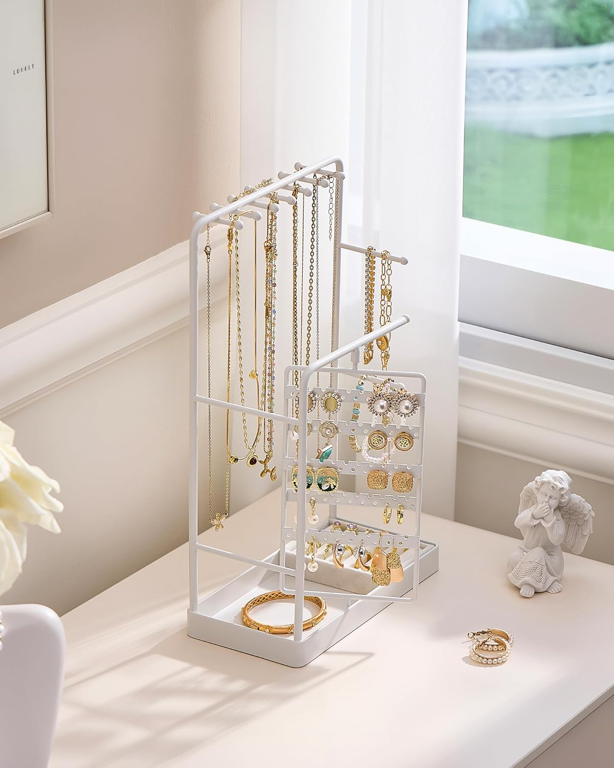 Procase Jewelry Stand Holder Organizer and Storage, Jewelry Display Stand Tower Rack with Velvet Ring Tray, Rotating Earring Display Hanging, Bracelet Necklace Holder, for Women Girls -White - Gold image number 6