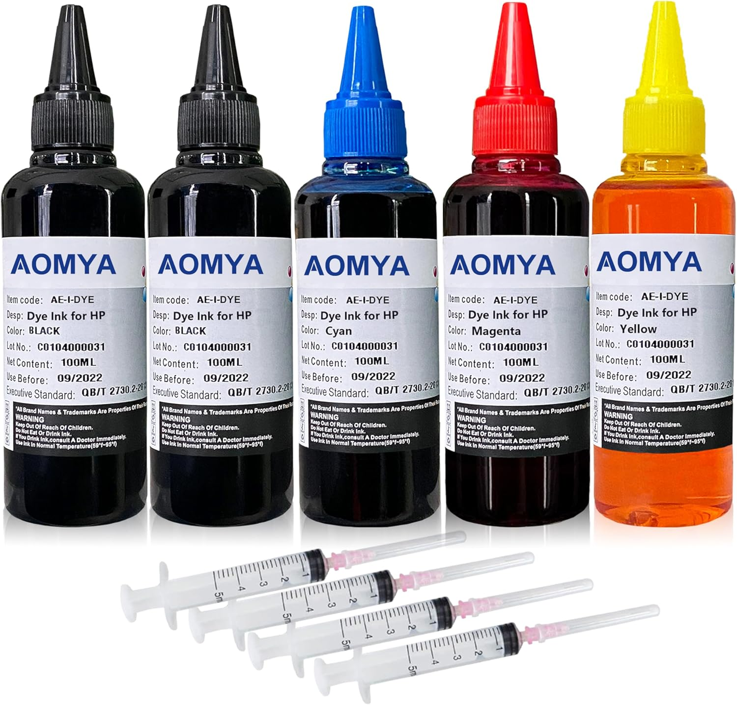 Aomya 5X100Ml Ink Refill Kit for HP 61 60 62 63 950 951 564 920 901 Inkjet Printer Cartridges Refillable Cartridge CIS CISS System with 4 Free Syringes (2 Black, 1 Cyan, 1 Magenta, 1 Yellow)