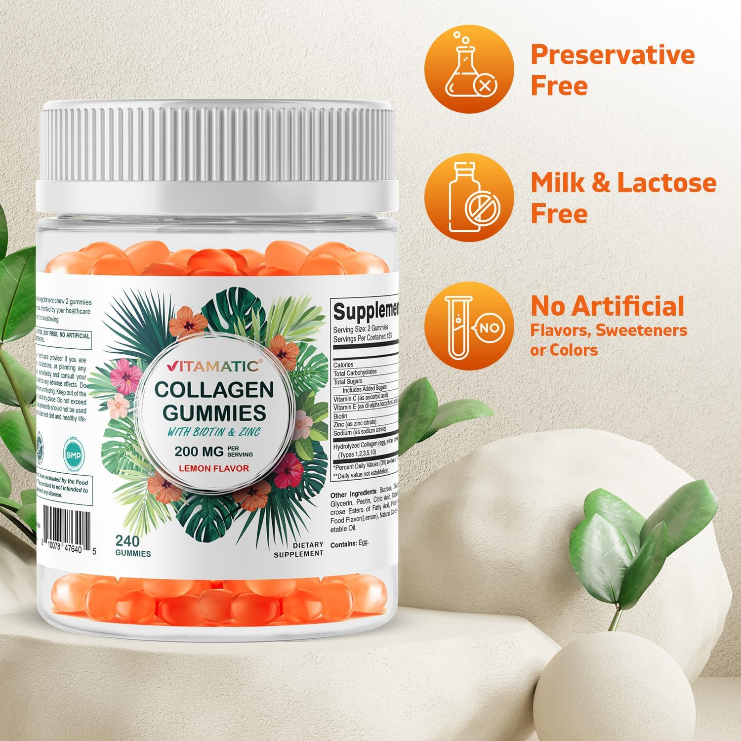 Vitamatic Hydrolyzed Collagen Gummies with Vitamin C, Zinc and Biotin, 200 Mg - Healthy Skin Support - 240 Gummies image number 2