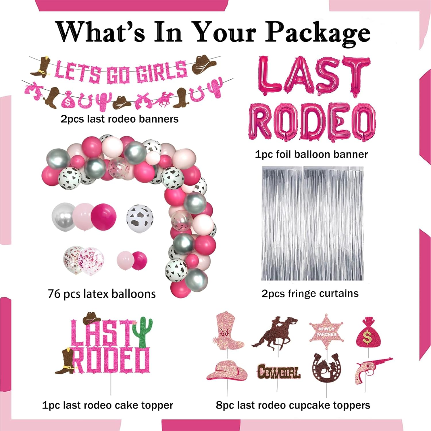 Hombae 101 Pcs Last Rodeo Bachelorette Party Decorations, Nashville Cowgirl Western Bachelorette Bridal Shower Fringe Curtain Balloon Garland Lets Go Girl Glitter Banner 4D Disco Ring Pink Silver image number 3