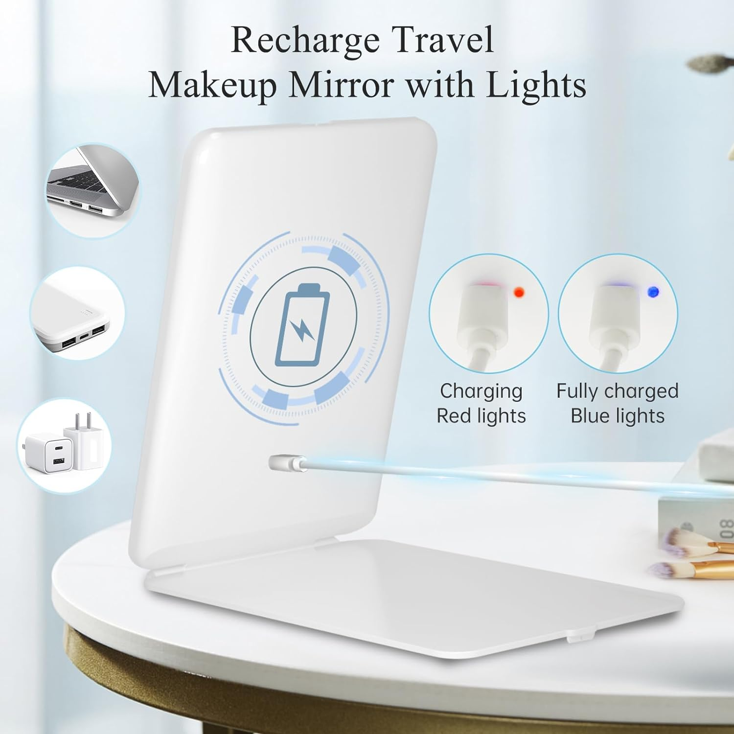 CTAOOL Rechargeable Travel Makeup Vanity Mirror with 72 Led Lights, Portable Lighted Makeup Beauty Mirror, 3 Color Lighting, Dimmable Touch Screen, Tabletop LED Folding Cosmetic Mirror with Lights - Ceramic White image number 6