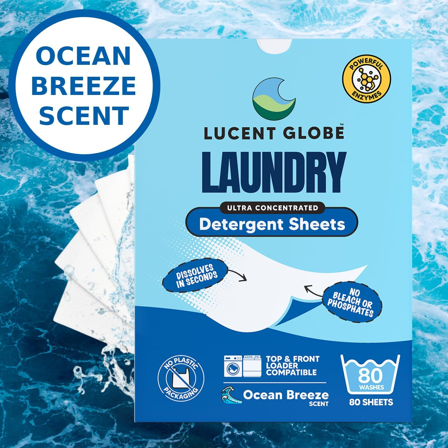 Lucent Globe Sensitive Laundry Detergent Sheets, Plant-Based, Biodegradable, Plastic Free Packaging. (1 Pack of 80 Washes, Ocean Breeze) (4 Pack of 320 Washes, Ocean Breeze) image number 3